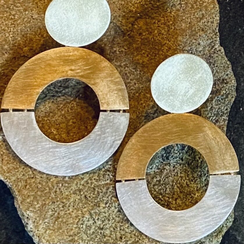 Back at my bench in Maine. Mod, Retro, Bimetal/Geometric post earrings are simple, fun, dynamic!