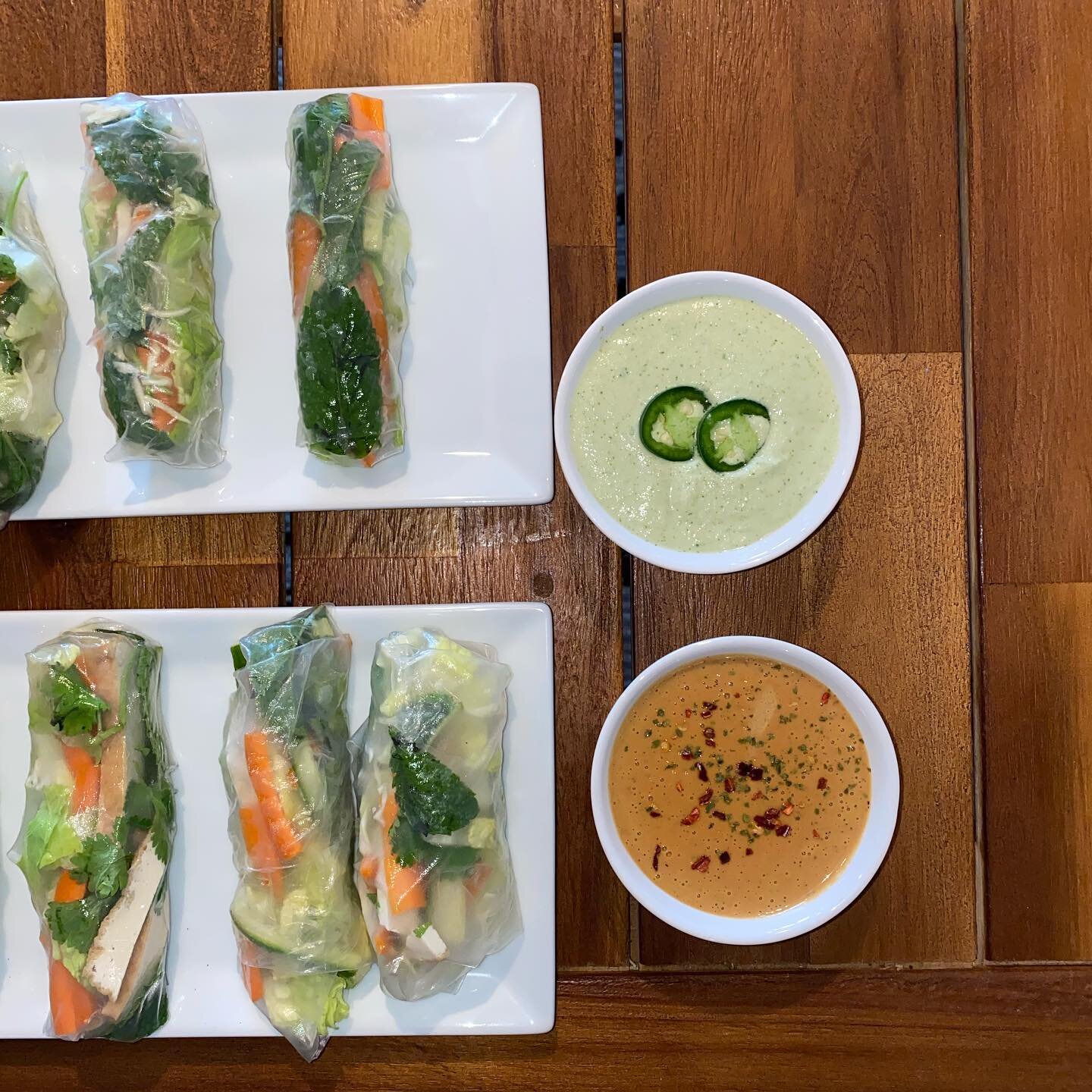 Summer rolls 🥬🥒🥕🥗🥜🌱🥑

I had some veggies and greens I wanted to salvage and then realized I could make summer rolls, sans (rice vermicelli) noodles. Next, I wondered what kind of sauce I could come up with, in addition to the traditional peanu