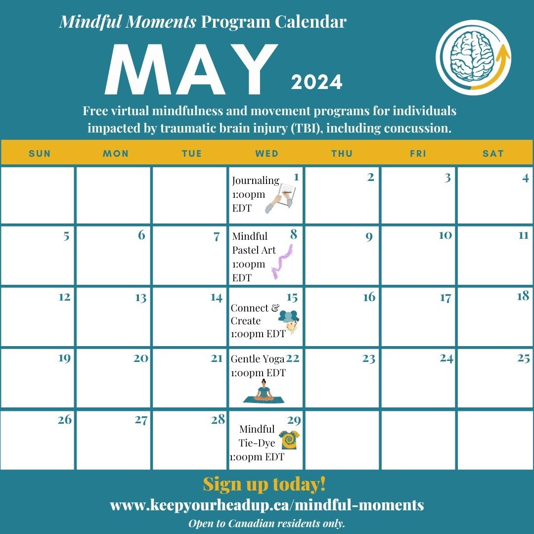 May Mindful Moments registration is now OPEN! 🧠 🌷

Programs are offered every Wednesday at 1pm ET. Join us! 

May 1 - Mindful Tie-Dye 🩵
May 8 - Mindful Pastel Art 🎨
May 15 - Gentle Yoga 🧘 
May 22 - Connect &amp; Create 💙
May 29 - Journaling Med