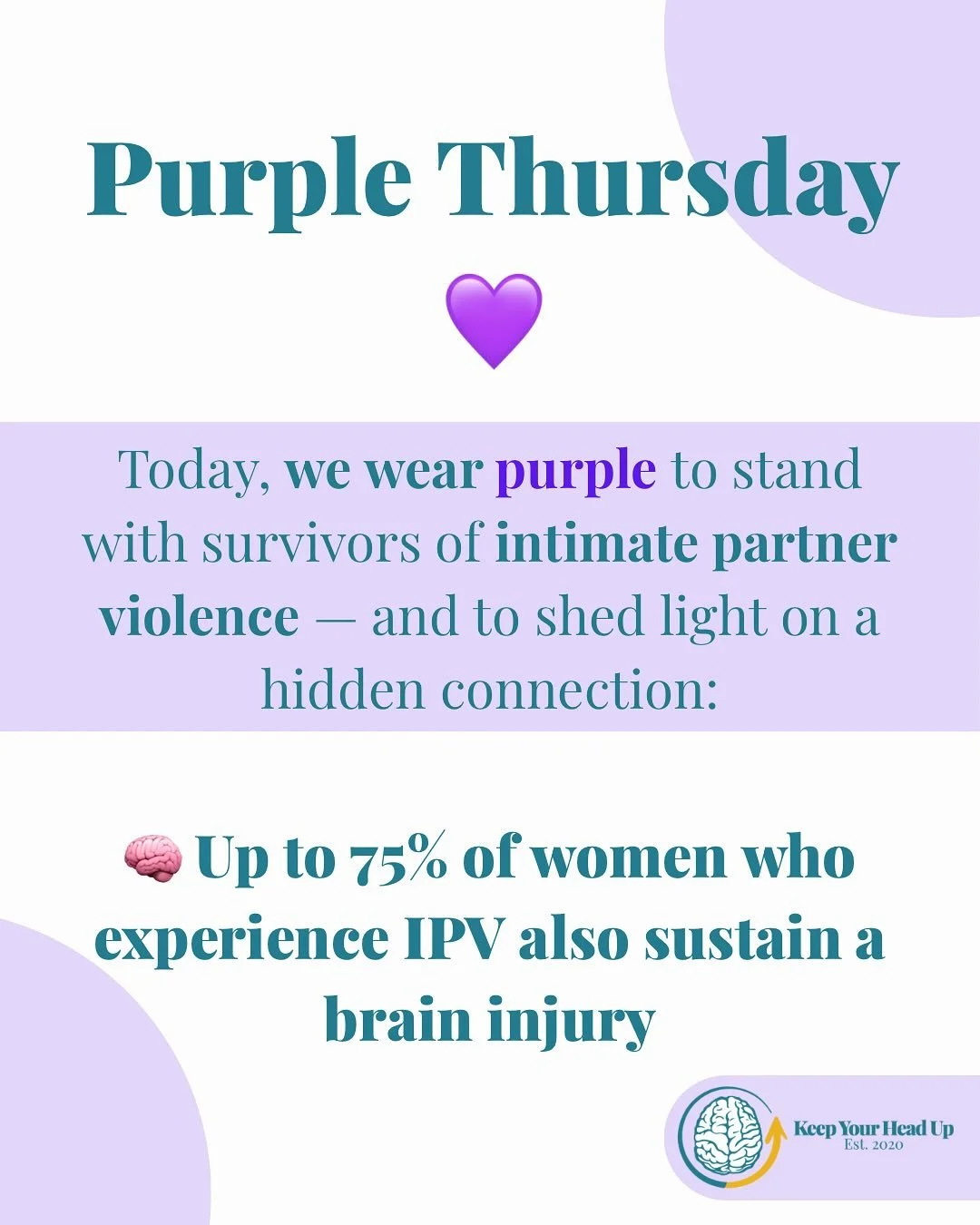 Today, we wear purple to stand with survivors of intimate partner violence (IPV) — and to shed light on a hidden connection:
π§  Up to 75% of women who experience IPV also sustain a brain injury.
These invisible injuries can affect memory, moo