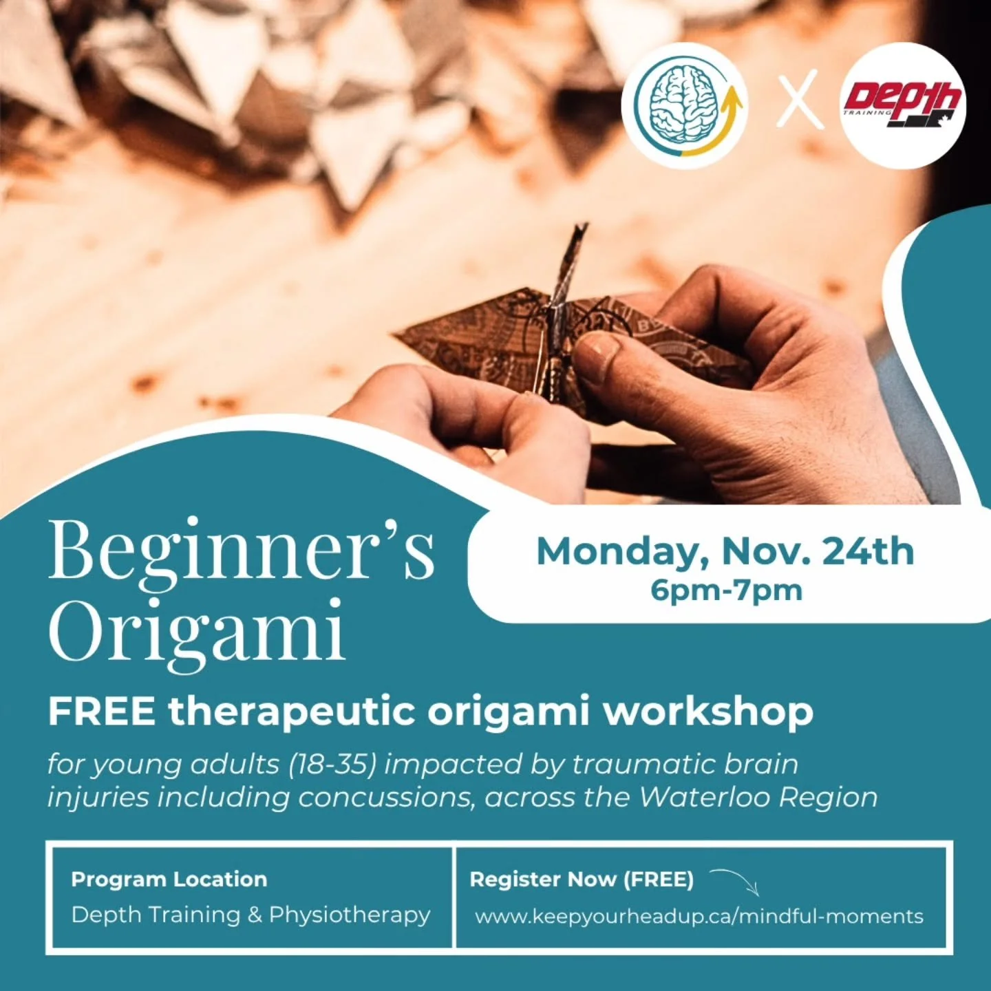 Join us in Waterloo on Monday, November 24th @ 6-7pm! 

Learn basic origami skills to make your very own origami creations in a space inclusive to all of those who are affected my a traumatic brain injury! 

Origami is an art that promotes mindfulnes