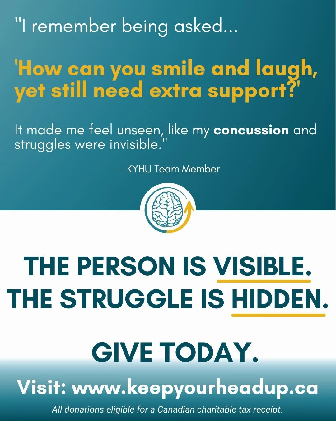 Many young people living with concussion or brain injury hear questions like this every day, questions that leave them feeling unseen and invalidated.

At KYHU, we know that what you see on the outside rarely reflects the struggle happening underneat
