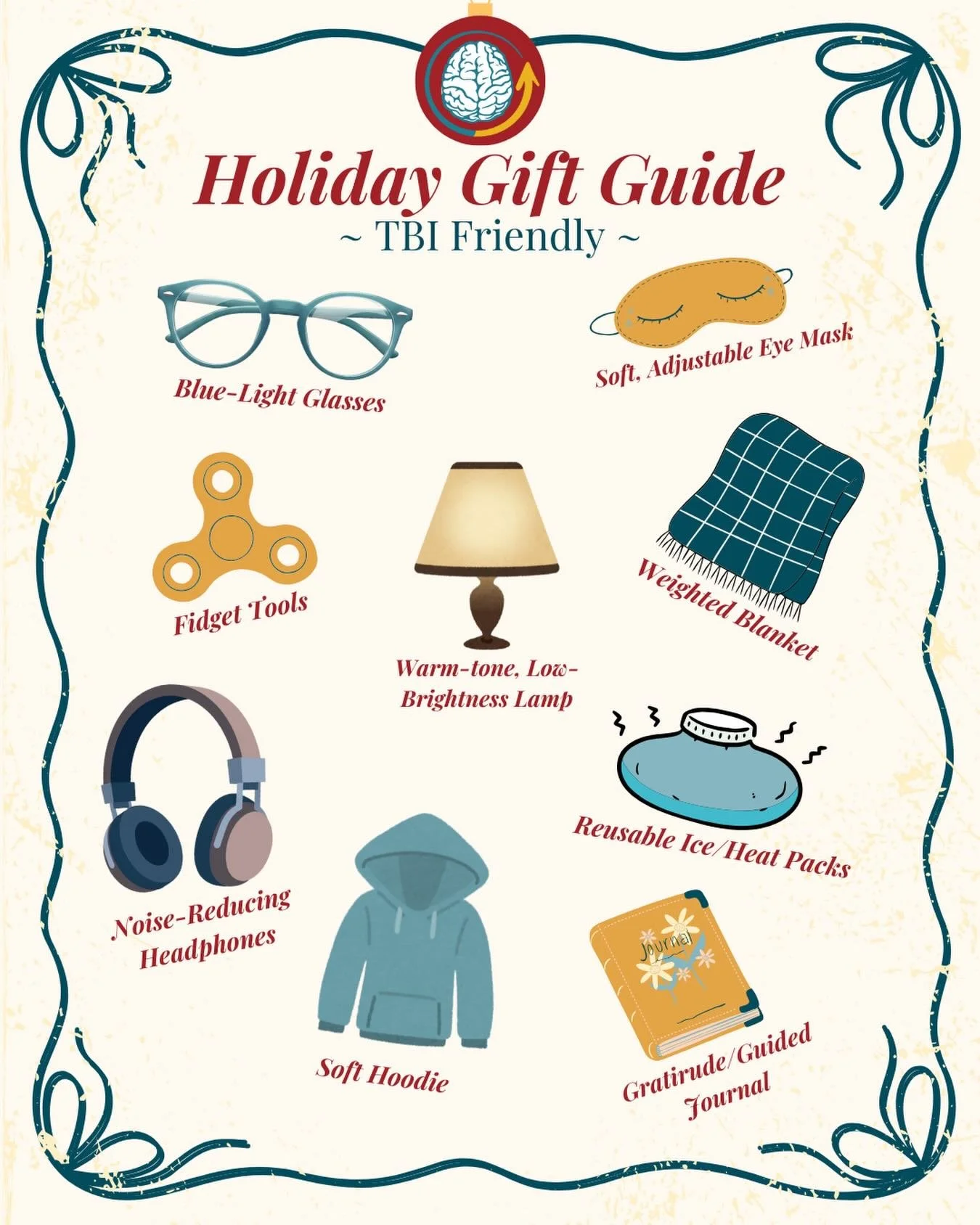 ✨ Holiday Gift Guide: TBI-Friendly Edition ✨
Finding the perfect gift for someone recovering from a concussion or living with a TBI doesn&rsquo;t have to be hard&mdash;comfort, calm, and sensory-friendly tools go a long way.
Swipe for thoughtful pick
