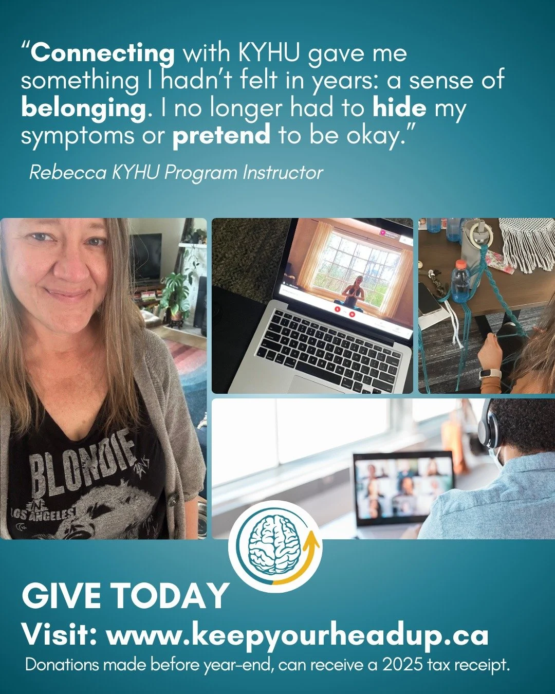 Behind every traumatic brain injury is a person and every person deserves a space where they feel seen.

At Keep Your Head Up, we create community for people navigating life after brain injury a place where symptoms don&rsquo;t have to be hidden and 