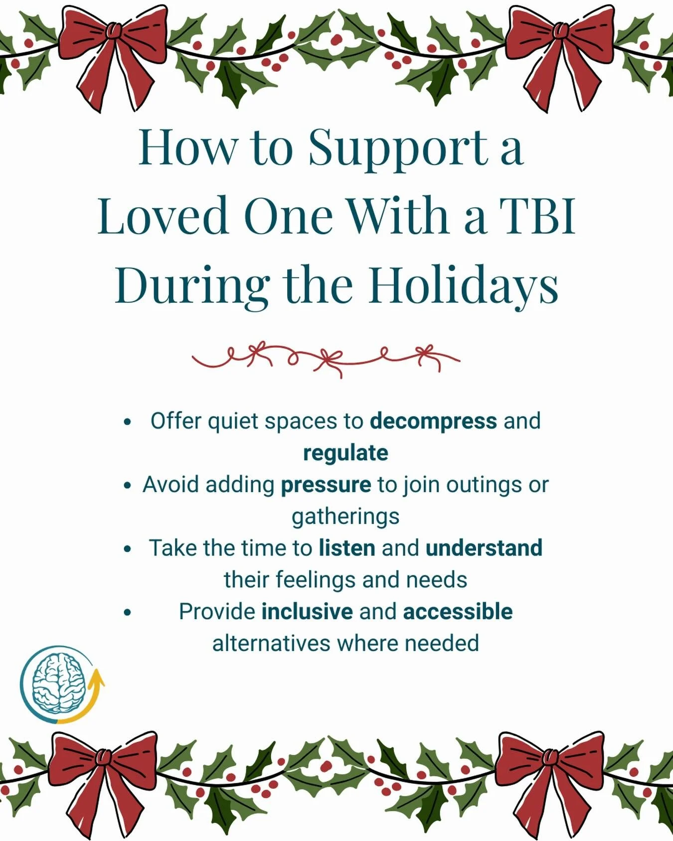 🎄 How to Support a Loved One With a TBI This Holiday Season 🎄
Support doesn&rsquo;t mean doing more &mdash; it means doing what works. Creating quiet spaces, reducing pressure to attend gatherings, listening with empathy, and offering accessible al