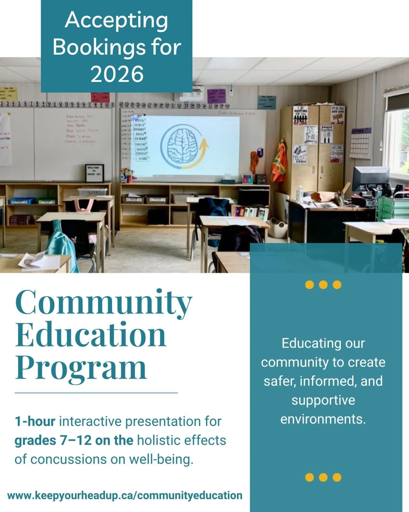 Accepting Bookings for 2026 📚🧠

Our Community Education Program is now booking for 2026!
We offer a 1-hour interactive presentation for grades 7&ndash;12 that explores the holistic impacts of concussions on well-being, helping students, educators, 