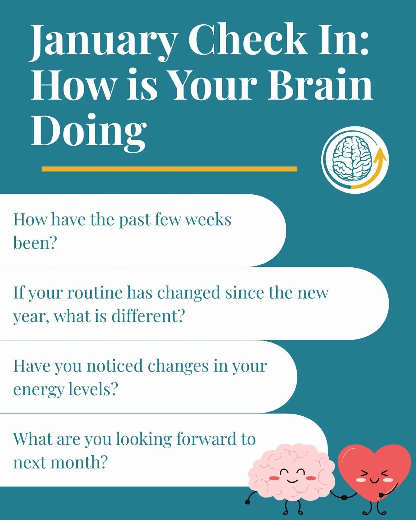 January Check-In 🧠✨

A new year doesn&rsquo;t mean rushing forward. Take a moment to pause and reflect.

How has your brain been feeling lately?
Have your routines or energy levels shifted since the new year?
What&rsquo;s one thing you&rsquo;re look