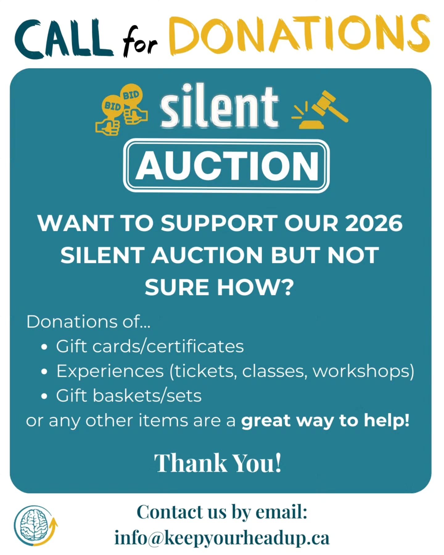 It's that time of the year where you can support a great cause by making a different than usual kind of donation! 🎁

Keep Your Head Up will be hosting another Silent Auction between Saturday, February 28th at 12 PM ET and will run until Sunday, Marc