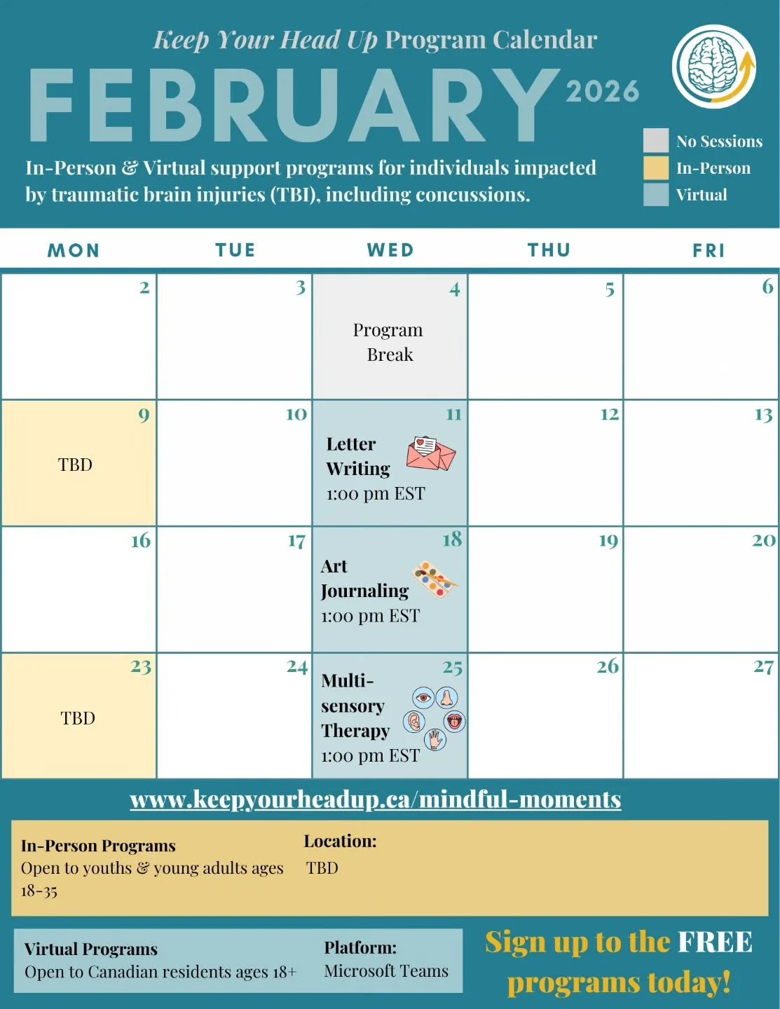 Mindful Moments &ndash; February programming is open for registration.

‼️The IN-PERSON programming for February will be announced shortly‼️

📍 In-person events are free for youth and young adults (18&ndash;35) in Waterloo Region living with a traum