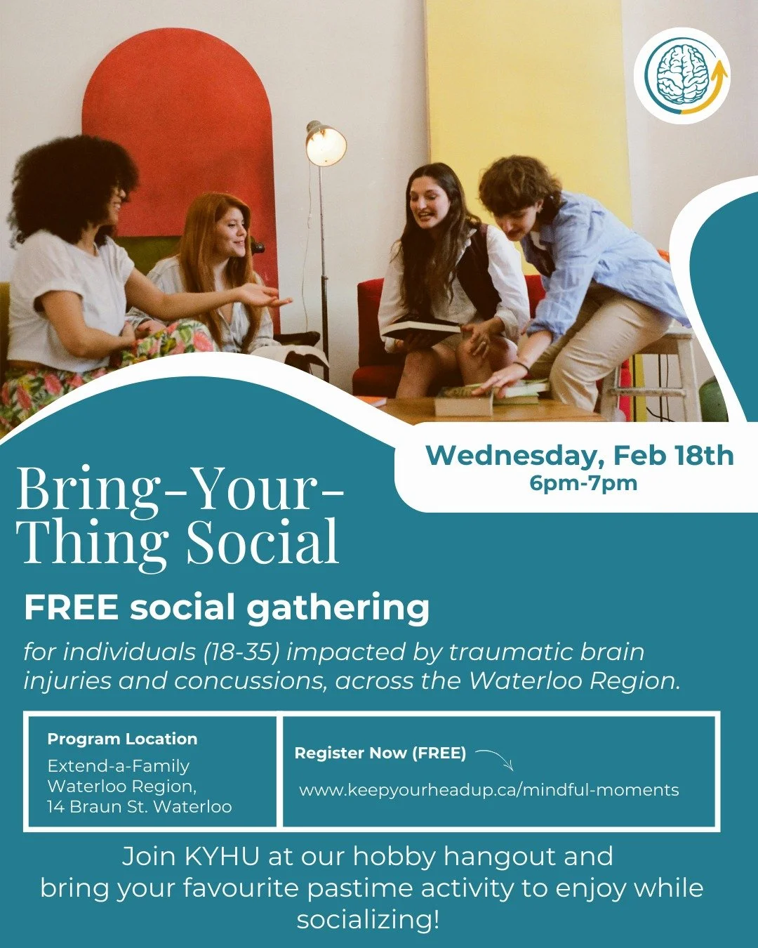 Now open for registration! 💙

Our Waterloo Region Young Adults (18-35). Programming is all about connection, community, and mindful moments.

Bring a passive activity you enjoy, journaling, colouring, puzzles, knitting, and more.

We will have activ