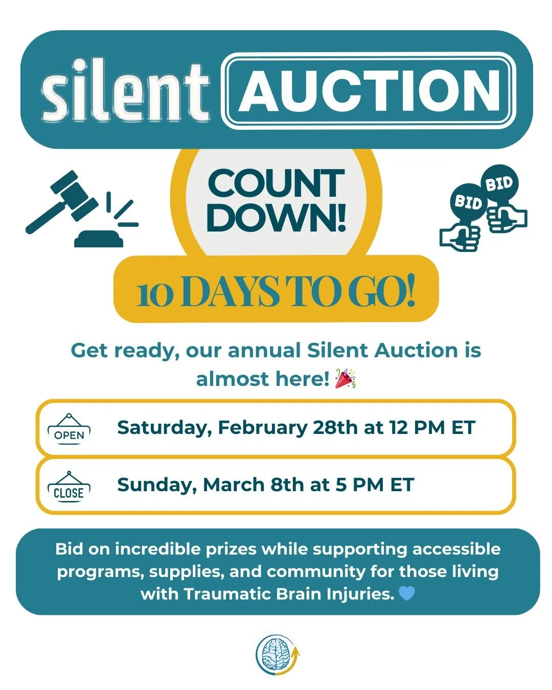 ⏳ Silent Auction Countdown &mdash; 10 Days to Go!
Get ready to bid, support, and make an impact 💙 Our annual Silent Auction is almost here, and every bid helps fund accessible programs, resources, and community for individuals living with traumatic 
