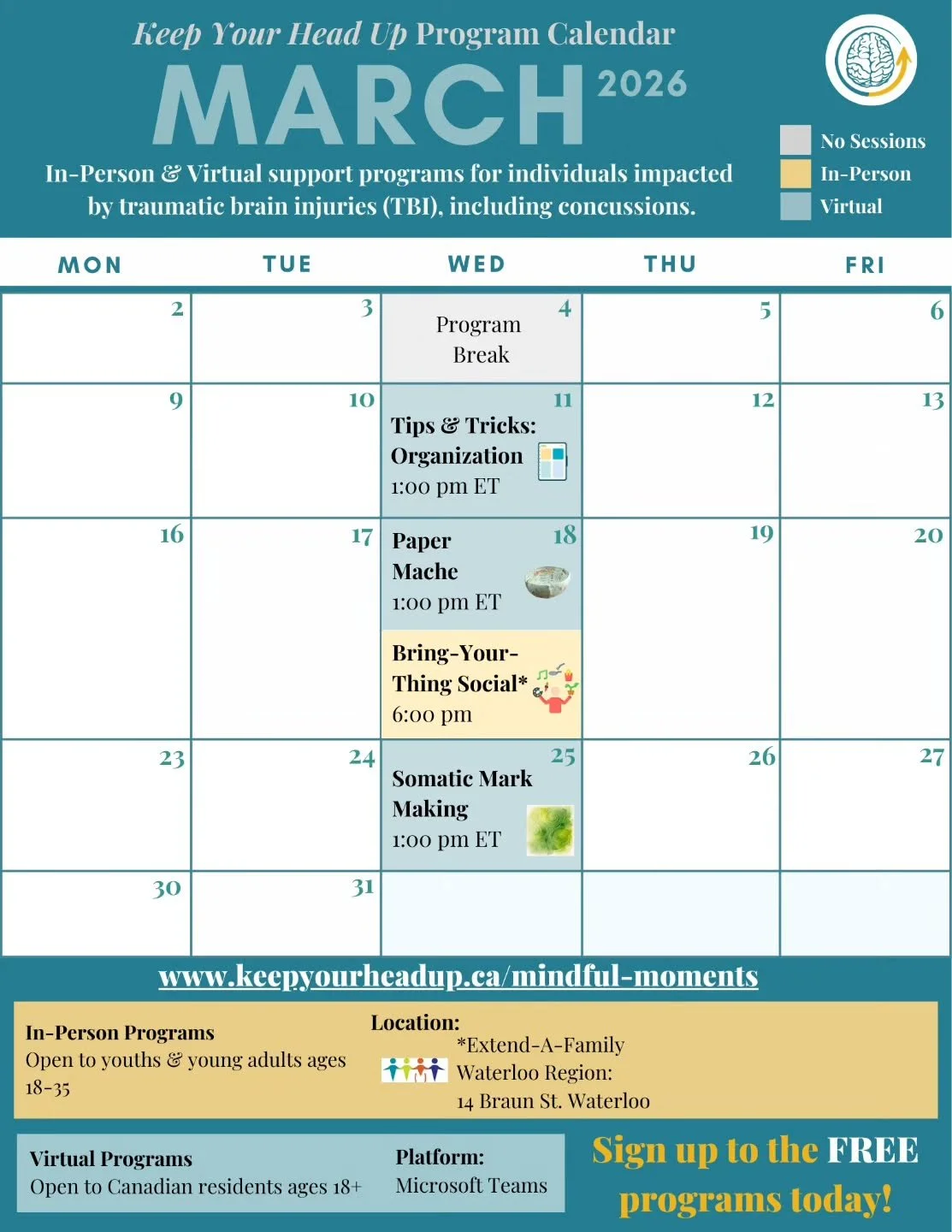 Mindful Moments &ndash; March programming is open for registration.

📍 In-person events are free for youth and young adults (18&ndash;35) in Waterloo Region living with a traumatic brain injury. 

🖥️ Virtual sessions are offered Wednesdays at 1pm E