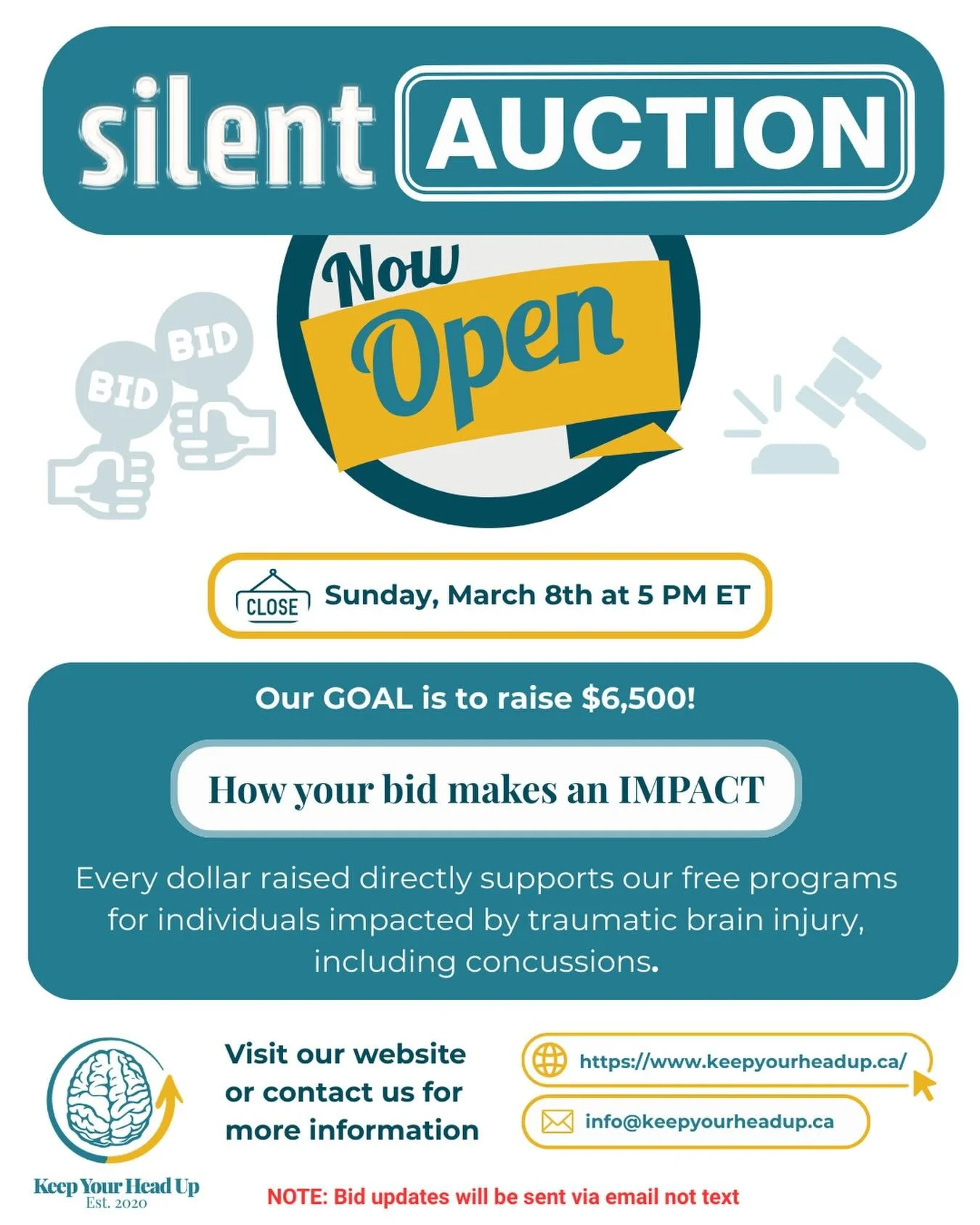 🎉 Keep Your Head Up Foundation's Annual Keep Your Head Up Silent Auction is LIVE! 🧠✨

Bid on incredible prizes, support free programs for youth impacted by brain injuries, and make a real difference in your community.

📅 Ends: Sunday, March 8th at