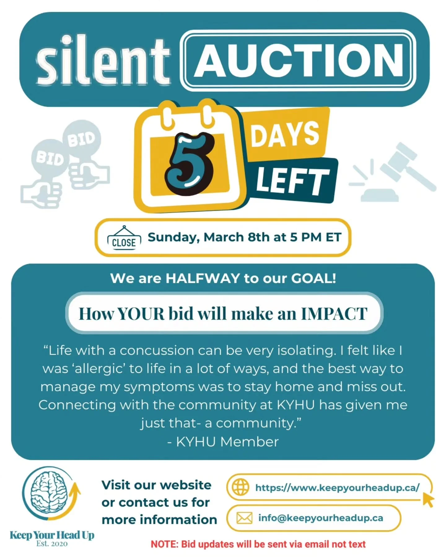 We are midway through the Silent Auction 🎉 

The virtual auction is live and rolling! Place your bids on incredible prizes and help support accessible programs, vital supplies, and community resources for those living with Traumatic Brain Injuries.
