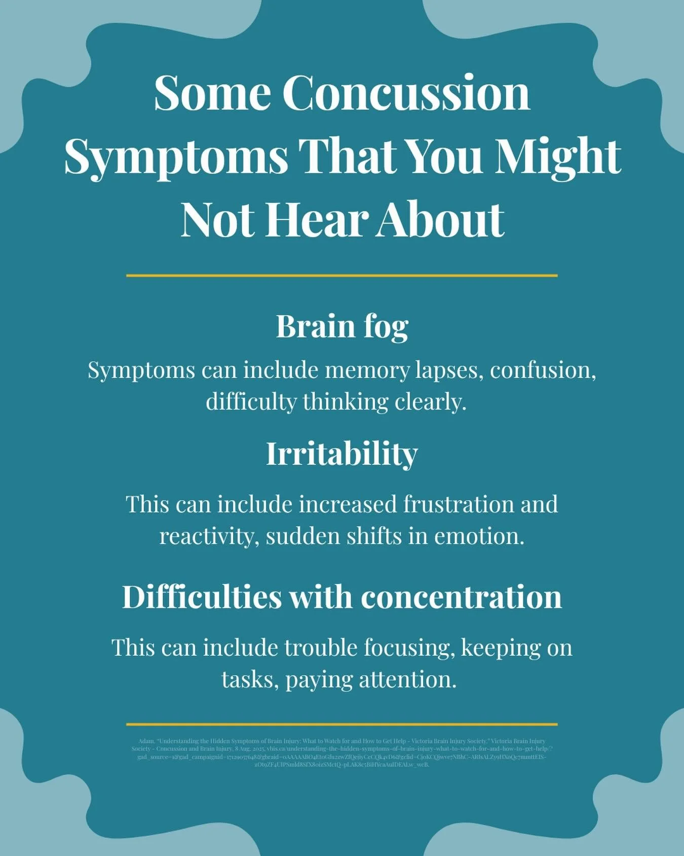 Some Concussion Symptoms You Might Not Hear About 🧠

Not all symptoms are visible, and some of the hardest ones are often overlooked.

&bull; Brain fog &rarr; memory lapses, confusion, trouble thinking clearly
&bull; Irritability &rarr; increased fr