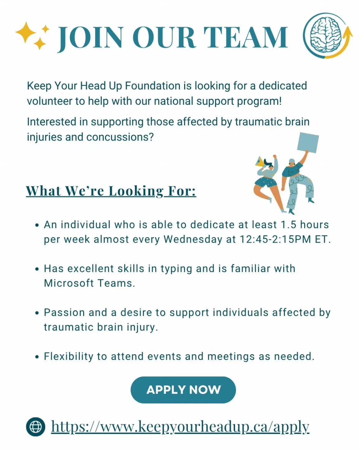Join our team as a volunteer for the Keep Your Head Up Foundation 🧠 💛💙

We are looking for a volunteer who is interested in helping us provide support during our national run support program. 

To learn more about how you can join our team, visit 