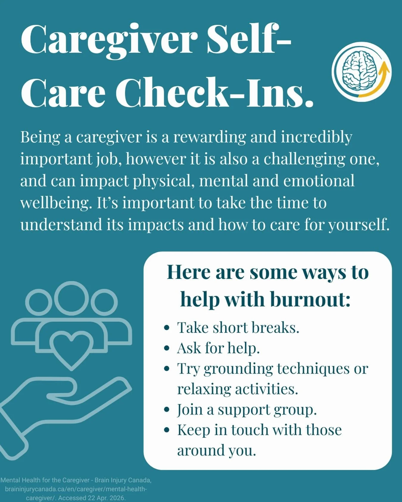 Caregiver Self-Care Check-In 💙

Caring for someone is meaningful &mdash; but it can also be physically, mentally, and emotionally demanding. Your well-being matters too.

✨ Ways to reduce burnout:
&bull; Take short, intentional breaks
&bull; Ask for