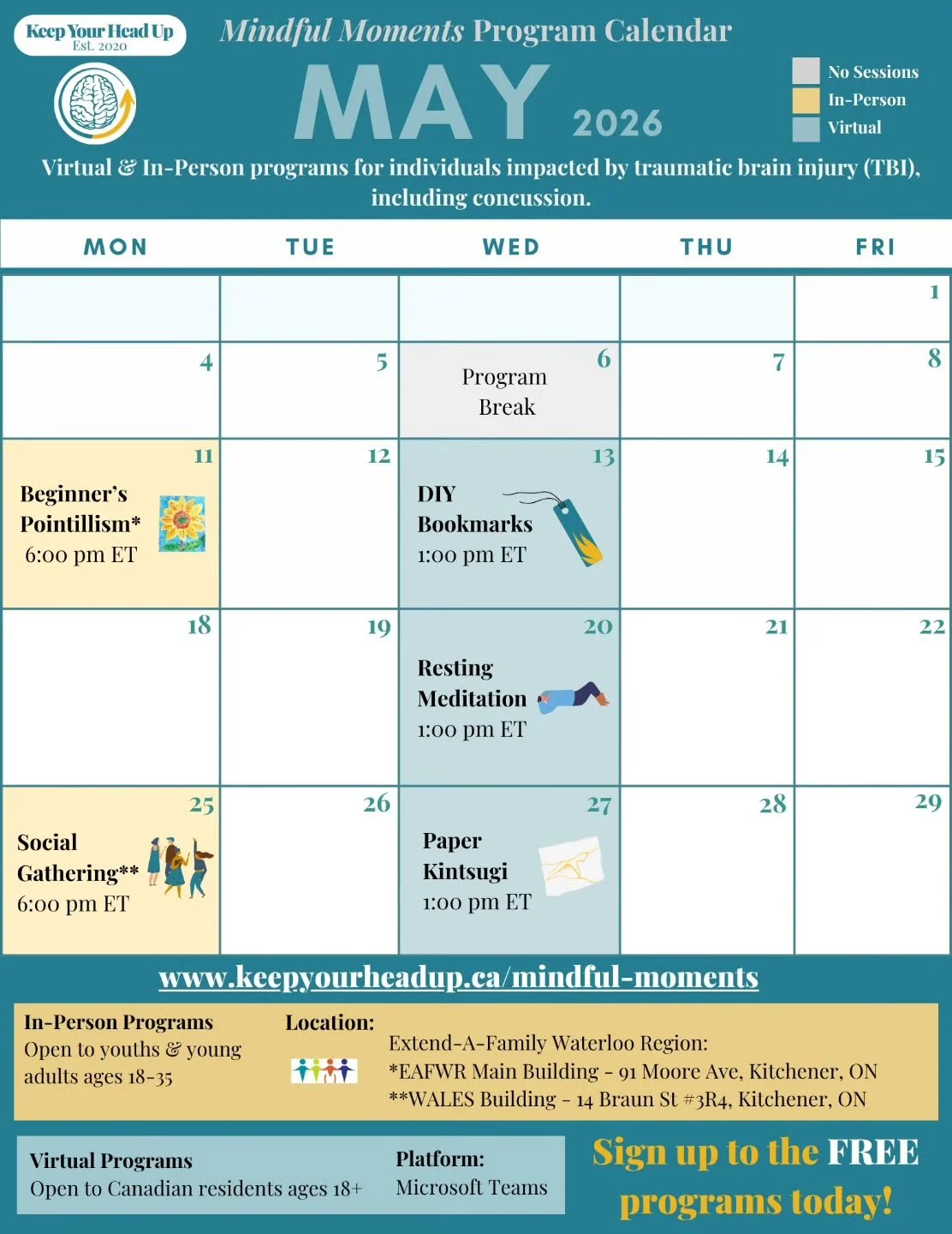 Mindful Moments &ndash; May programming is open for registration.

📍 In-person events are free for youth and young adults (18&ndash;35) in Waterloo Region living with a traumatic brain injury. 

🖥️ Virtual sessions are offered Wednesdays at 1pm EST