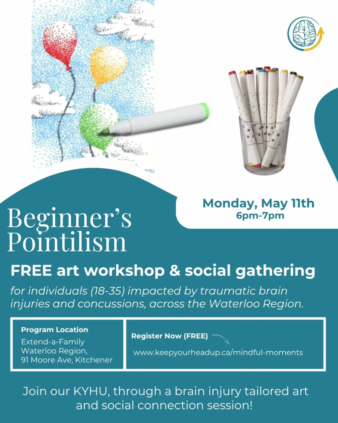 Join our FREE virtual and in-person workshops for individuals across Canada impacted by traumatic brain injuries and concussions in the next two weeks!

🧑🏼&zwj;🎨 Beginner's Pointillism 
📅 Monday, May 11th | 6-7 PM
🏢 In-Person at Extend-a-Family 