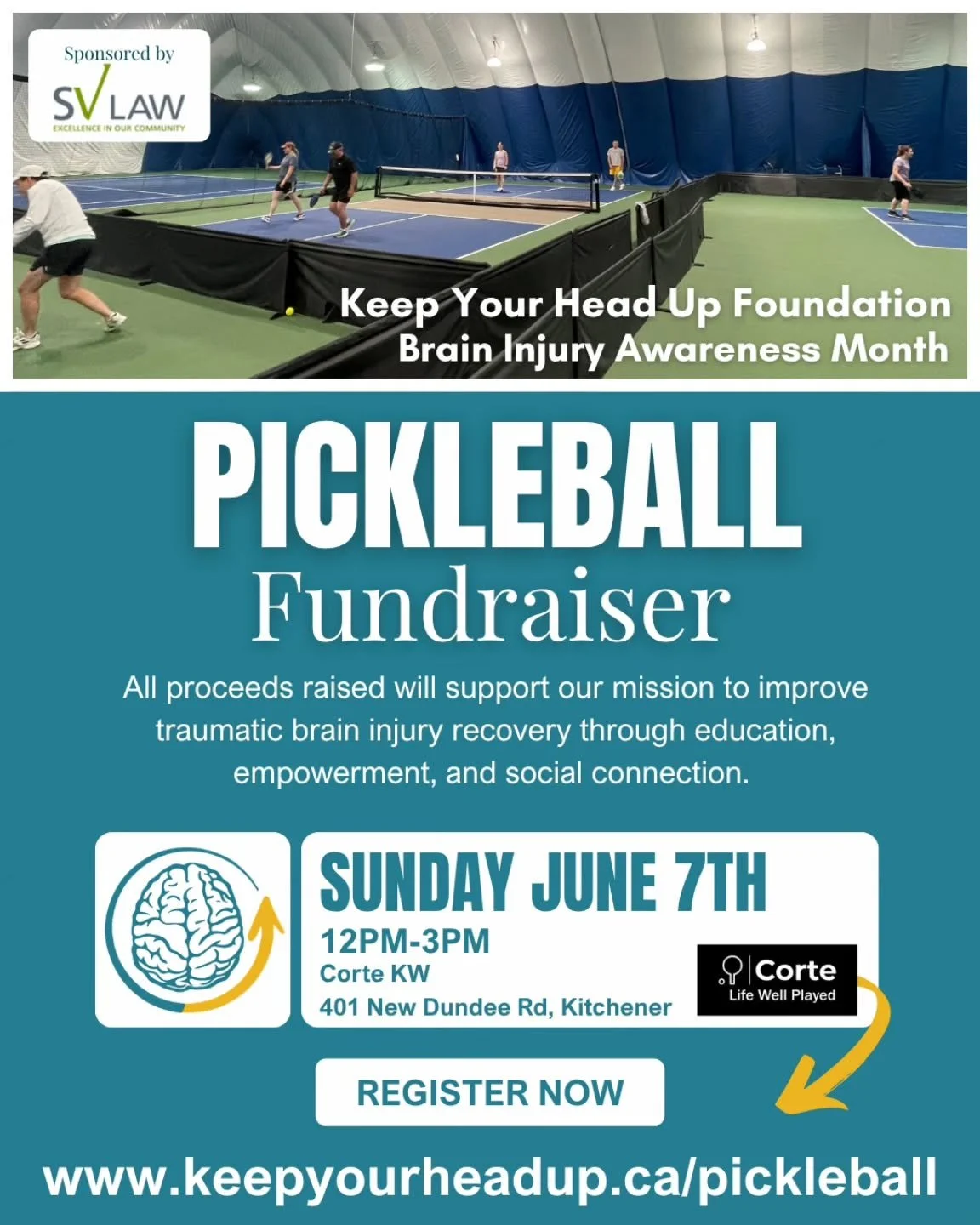 Join us for a day of pickleball for a good cause on Sunday, June 7th, from 12-3 PM at Corte KW, in honour of Brain Injury Awareness Month.

All proceeds will support our free Mindfulness and Movement programs, offering ways to learn coping strategies