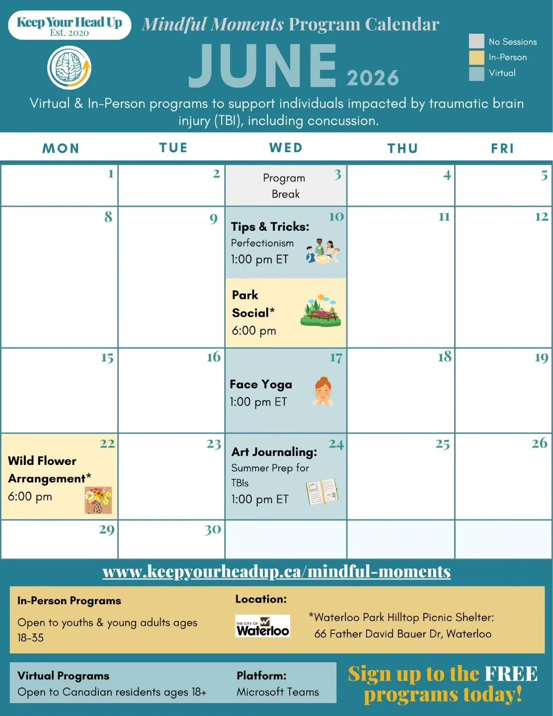 Mindful Moments &ndash; June programming is open for registration.

📍 In-person events are free for youth and young adults (18&ndash;35) in Waterloo Region living with a traumatic brain injury. 

🖥️ Virtual sessions are offered Wednesdays at 1pm ET