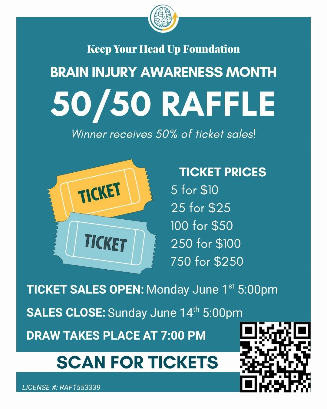 🧠 June is Brain Injury Awareness Month.

To mark the month, we're launching our first-ever 50/50 Raffle in support of the Keep Your Head Up Foundation.

Every ticket purchased helps us continue providing free programs, education, and support for ind