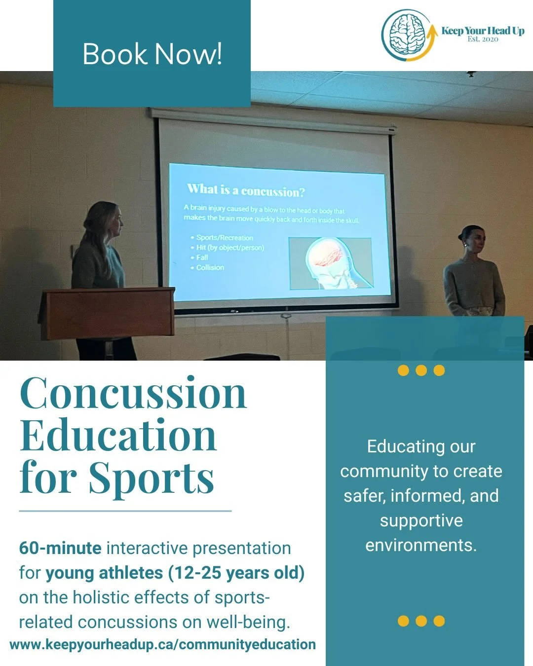 Now Booking: Concussion Education for Sports 🏒⚽🏀

Help your athletes, coaches, and teams build a better understanding of sports-related concussions.

Our 60-minute interactive presentation for athletes ages 12&ndash;25 explores the holistic impact 