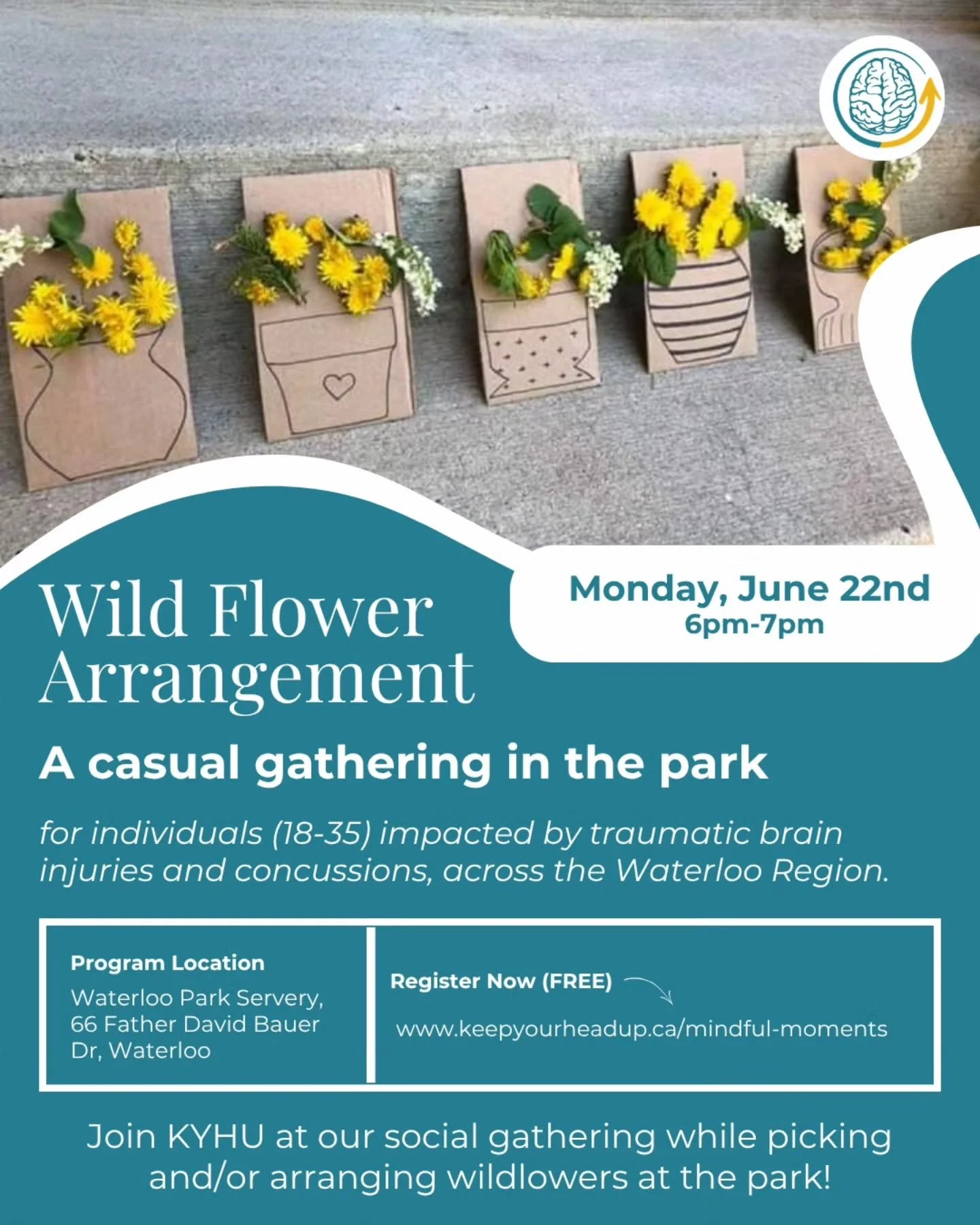 Join our FREE virtual and in-person workshops for individuals across Canada impacted by traumatic brain injuries and concussions in the next week!

🌼 Wild Flower Arrangement
📅 Monday, June 22nd | 6-7 PM
🏢 In-Person at Waterloo Park 
Led by KYHU te