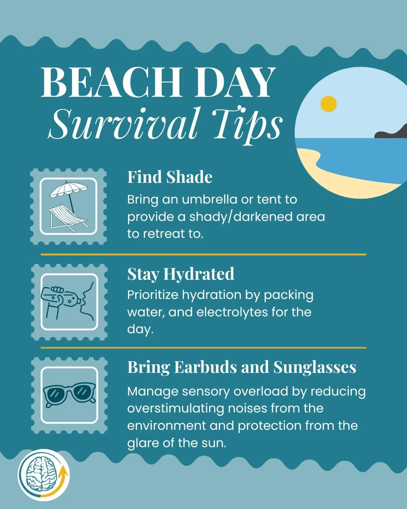 Beach Day Survival Tips ☀️🏖️🧠

Planning a beach day while recovering from a concussion or living with a TBI? A few simple adjustments can help make the day more comfortable and enjoyable.

☂️ Find Shade
Bring an umbrella, tent, or seek shaded areas