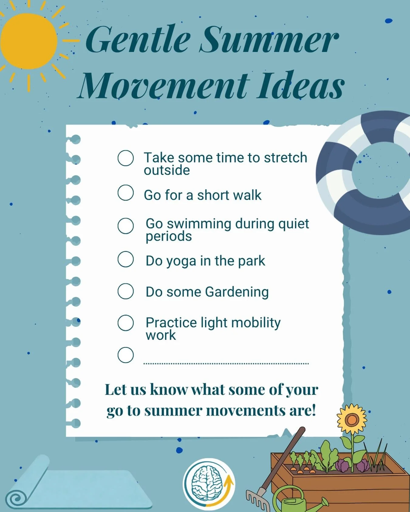 Gentle Summer Movement Ideas ☀️🌿

Movement doesn&rsquo;t have to be intense to support your well-being. Gentle, enjoyable activities can help boost your mood, improve circulation, and support recovery&mdash;while respecting your body&rsquo;s limits.
