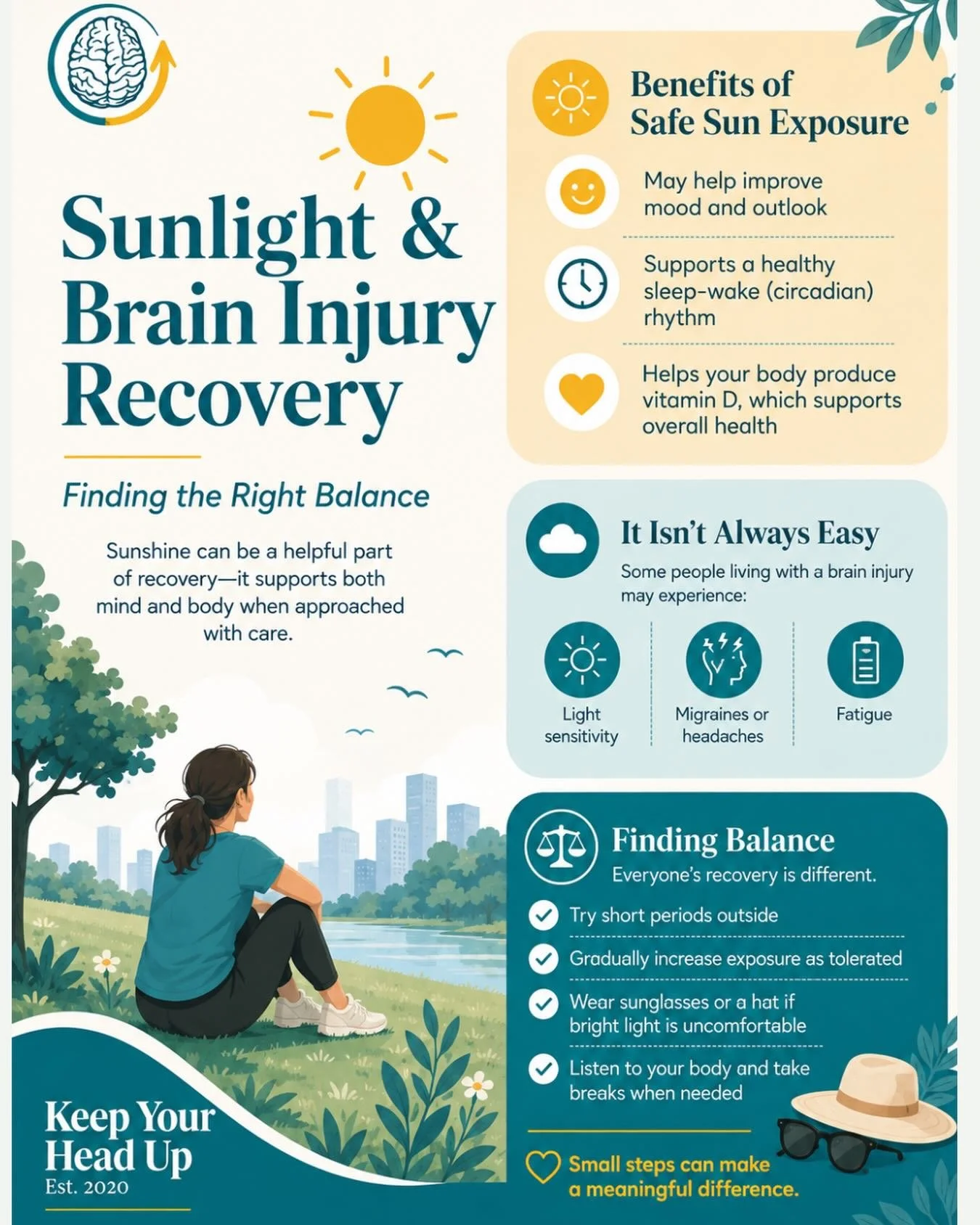 ☀️ Spending time outdoors can support mood, sleep, and vitamin D levels&mdash;but for some people living with a brain injury, bright sunlight may also increase light sensitivity, headaches, or fatigue. Recovery is about finding what works for you. St