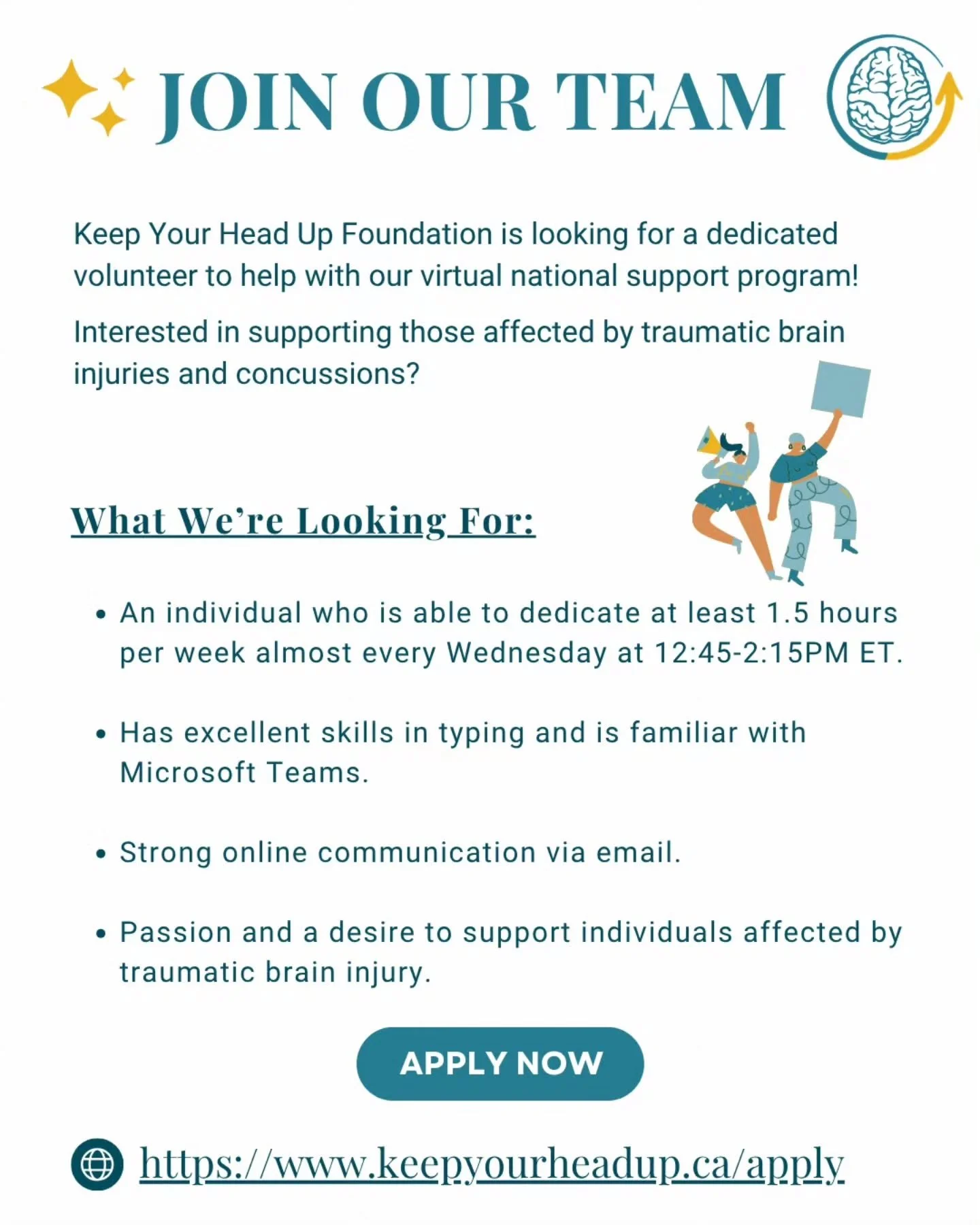 Join our team as a volunteer for the Keep Your Head Up Foundation 🧠 💛💙

We are looking for a volunteer who is interested in helping us provide support during our national run support program. 

To learn more about how you can join our team, visit 