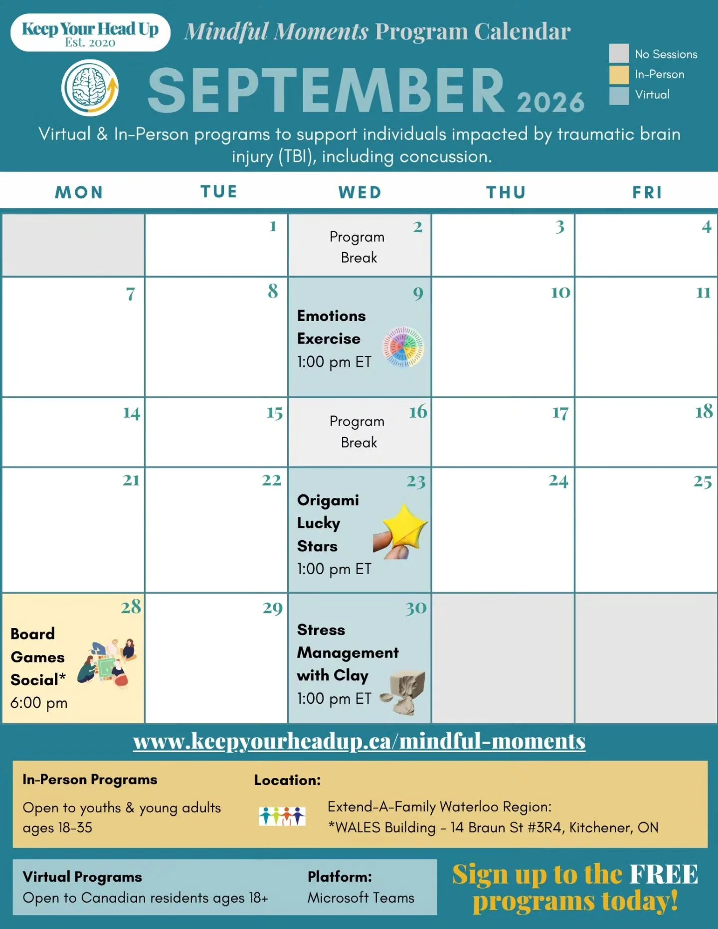 Mindful Moments &ndash; September programming has been UPDATED and is open for registration.

The in-person Board Game Social is now on Monday, Sept. 28th and will be located at Extend-A-Family Waterloo Region!

📍 In-person events are free for youth