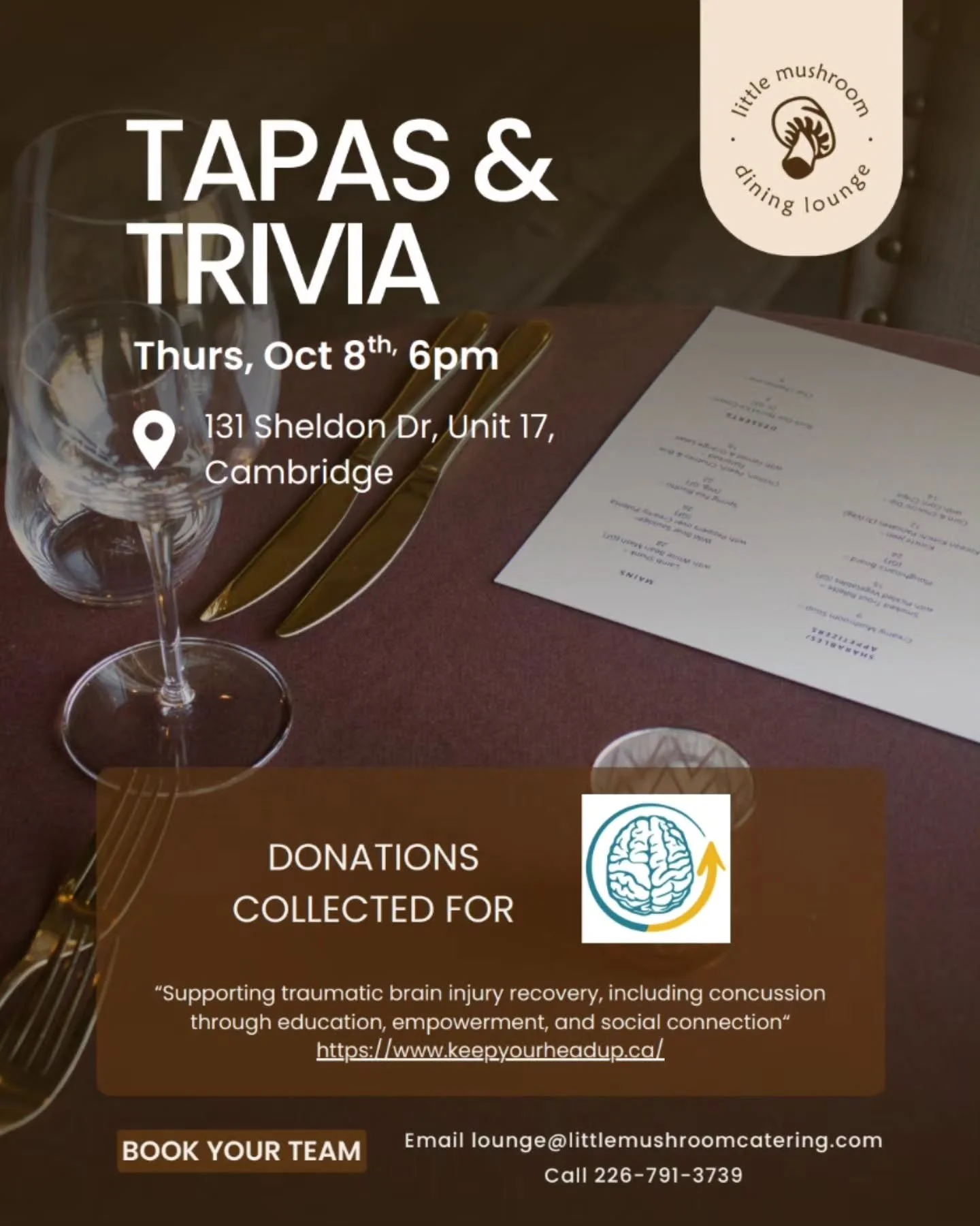 ✨ Join us for good food, great company, and all for a great cause! ✨

Keep Your Head Up Foundation is excited to share that Little Mushroom Dining Lounge will be hosting an evening of Tapas &amp; Trivia in support of individuals affected by traumatic