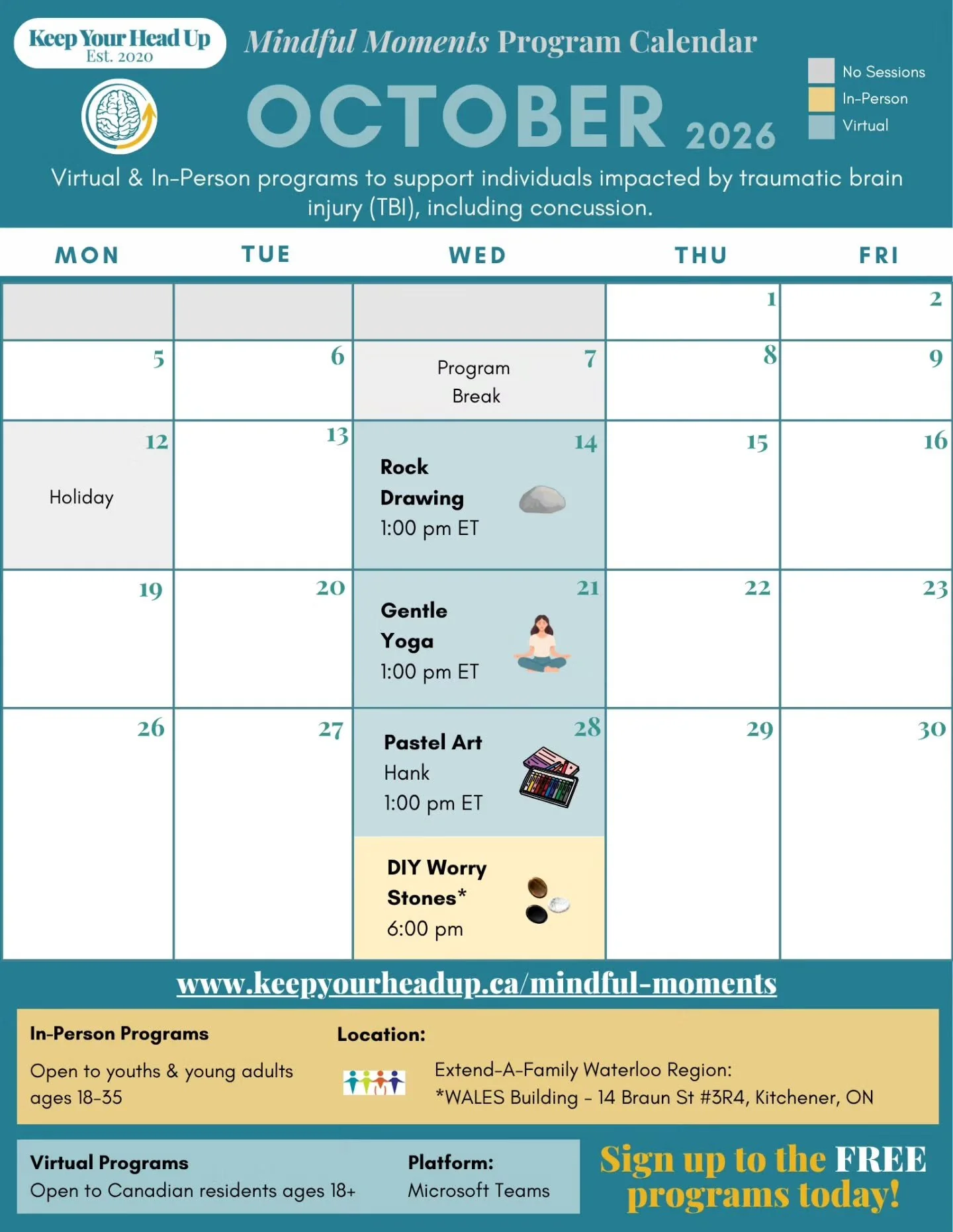 Mindful Moments &ndash; October programming is open for registration.

📍 In-person events are free for youth and young adults (18&ndash;35) in Waterloo Region living with a traumatic brain injury.&nbsp;

🖥️ Virtual sessions are offered Wednesdays a