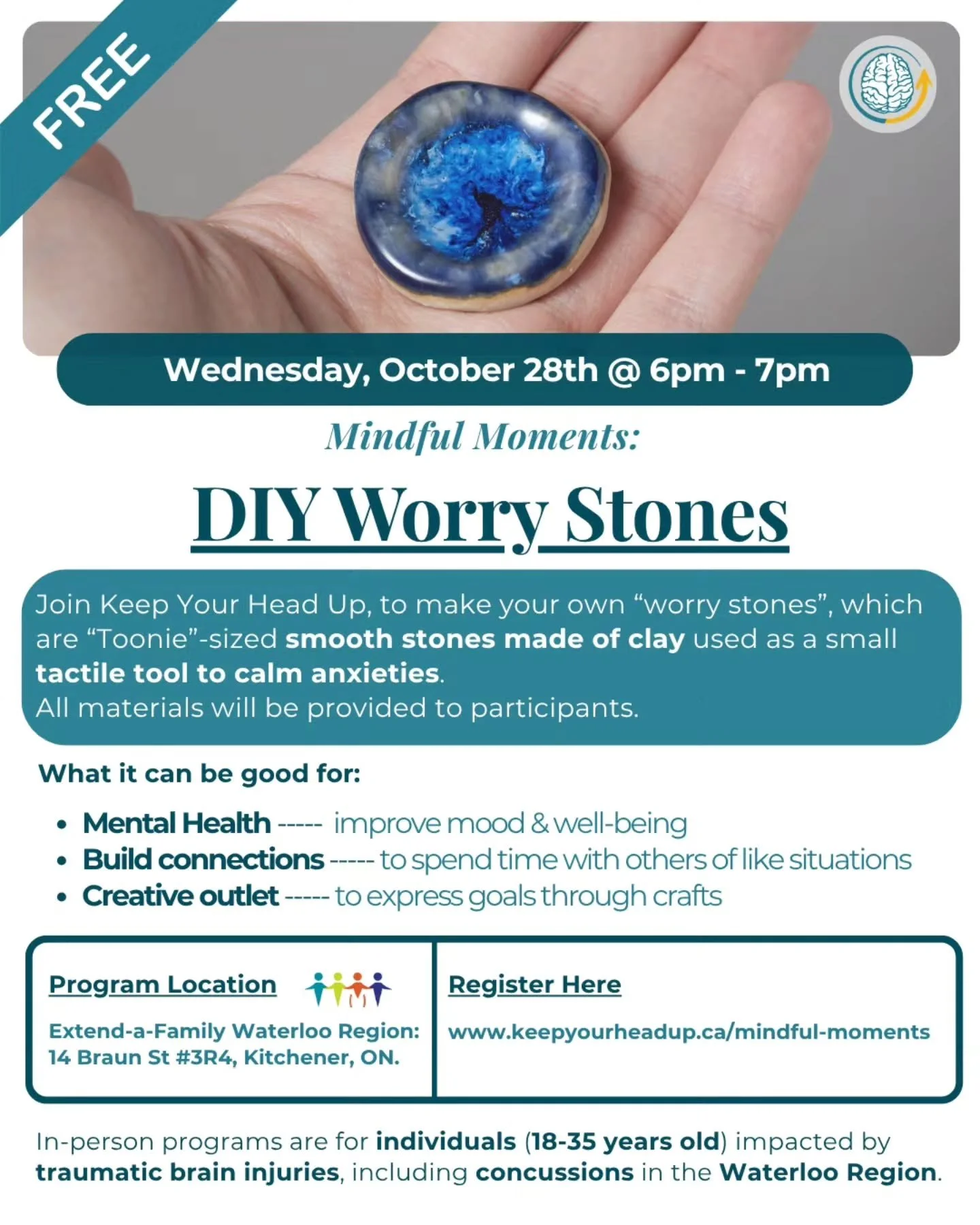 Join us this Wednesday, October 28th from 6&ndash;7pm for a brain injury tailored craft session led by the Keep Your Head Up Team! 🧠

This guided clay session is designed to support traumatic brain injury and concussion recovery through fine motor m