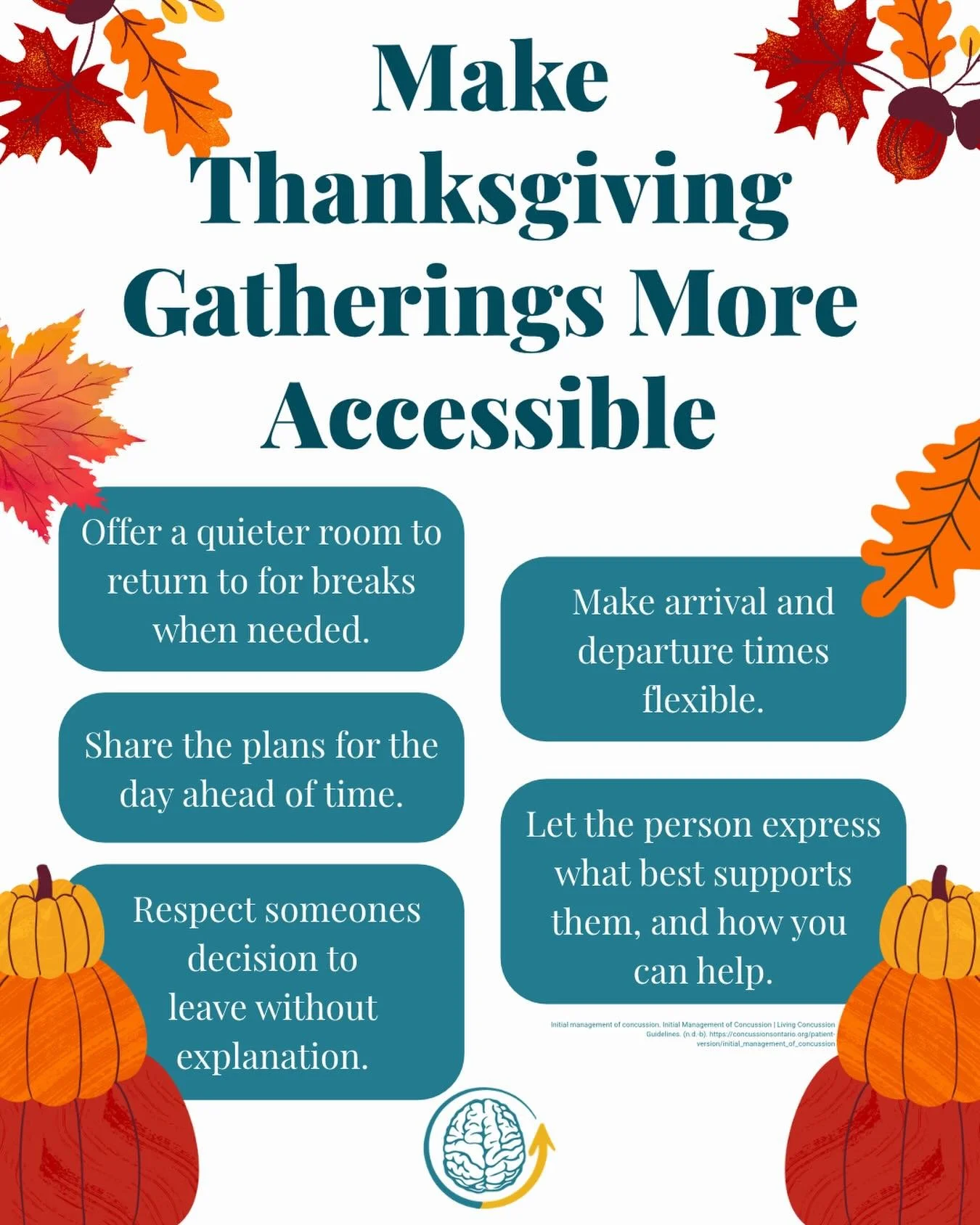 Thanksgiving gatherings should feel welcoming for everyone. 🧡🍂

For someone recovering from a concussion, busy rooms, loud conversations, bright lights, and long days can make celebrations overwhelming. Small accommodations like offering a quiet sp