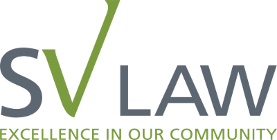 Logo of SV Law featuring a stylized checkmark integrated into the letter 'V', with the company name and the tagline 'Excellence in Our Community' underneath.
