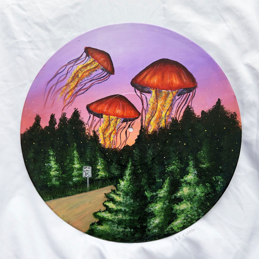 "Gentle Giants". 2022. Acrylic on vinyl record. 12"