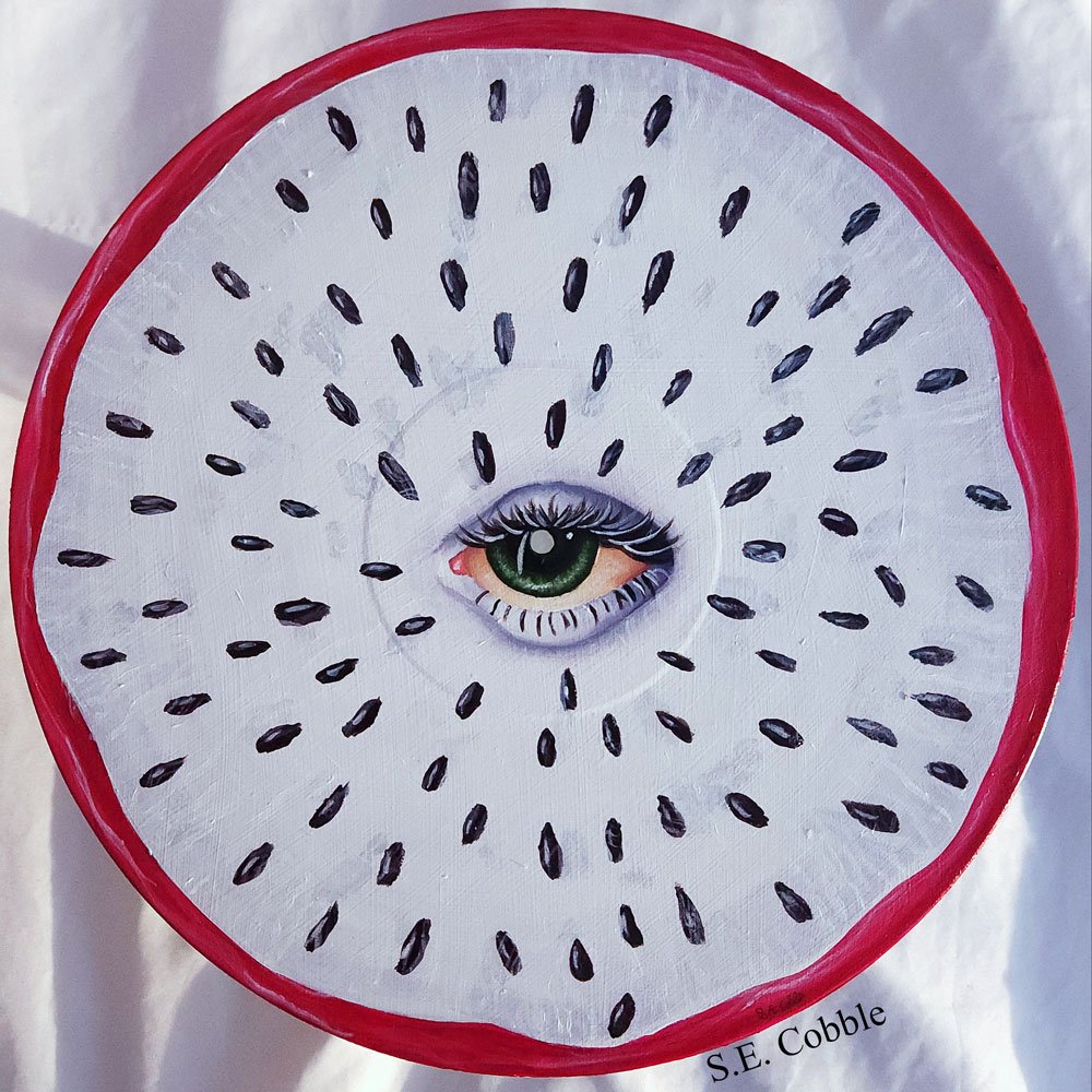 "Dragon Fruit Vinyl". 2023. Acrylic on Vinyl record. 12"