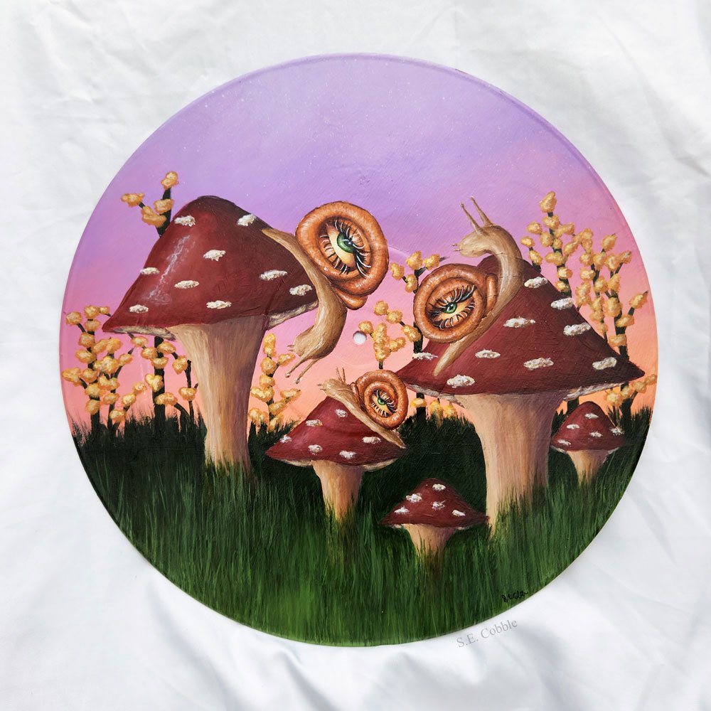 "Snails at Dusk". 2022. Acrylic on vinyl record. 12"