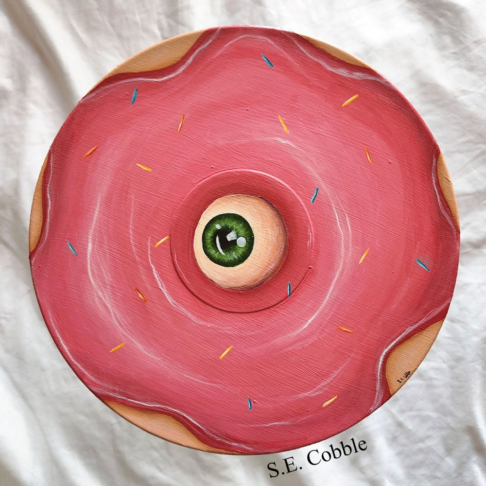 "Strawberry Donut". 2022. Acrylic on vinyl record. 12"