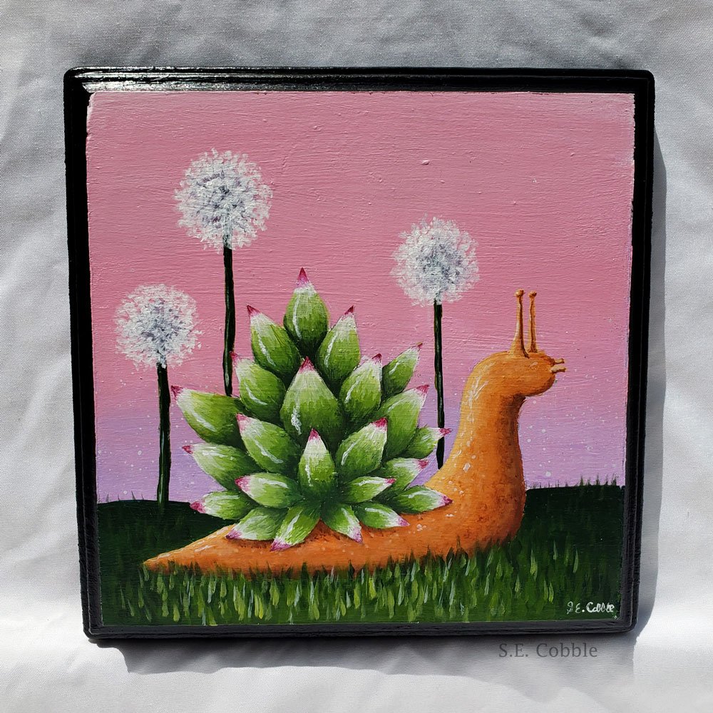 "Succulent Snail". 2021. Acrylic on Wood. 7"x7"