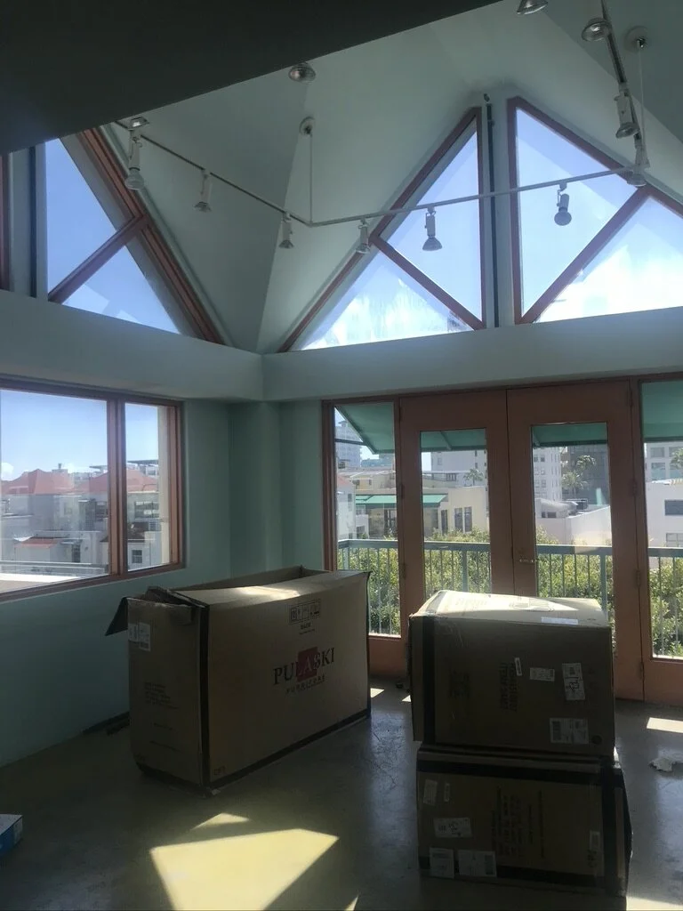 5...  Clunky track lighting distracted from the lovely architecture of the room we later lovingly referred to as the Belfry