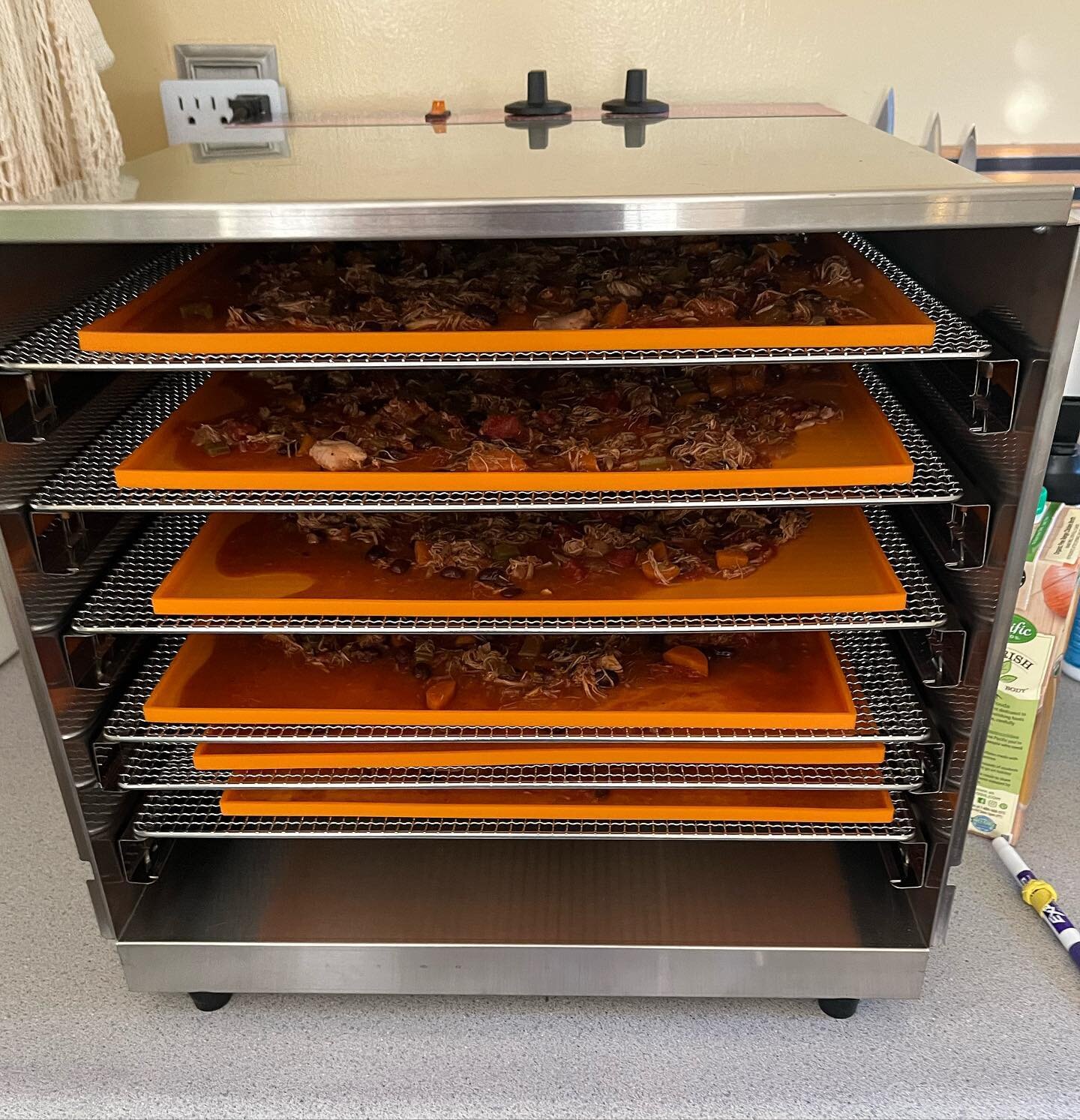 Camping level up! Jon got me a big dehydrator for my birthday, so easier camping meals are on the way! Tonight I'm dehydrating chicken tortilla soup. When it's done, I'll pack and seal it in air tight bags. When it's time to eat, we heat up water and