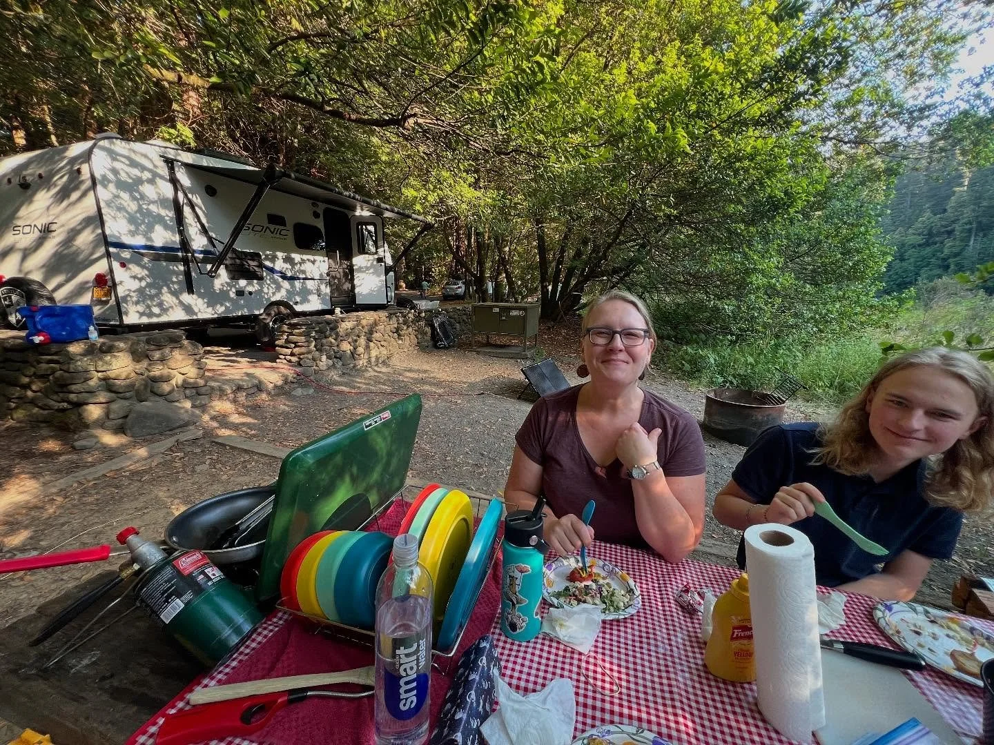 A cozy campsite, a beautiful river, crossing, and the fading sunlight on Redwood tree trunks - the reward for a challenging drive and an hour long back-in process. here&rsquo;s to a promising week in a beautiful place