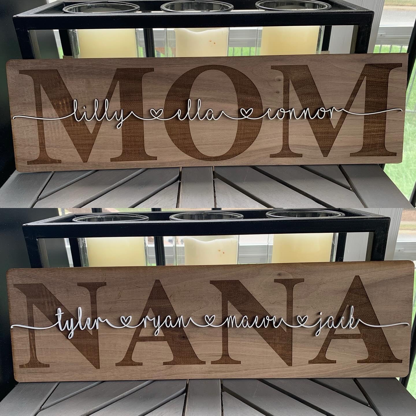 Grandma, Mimi, Nana, Mom, Mommy&hellip;. So many possibilities for these sweet personalized signs. $50, 6x18&rdquo;  The light weight allows for hanging or leaning against wall.