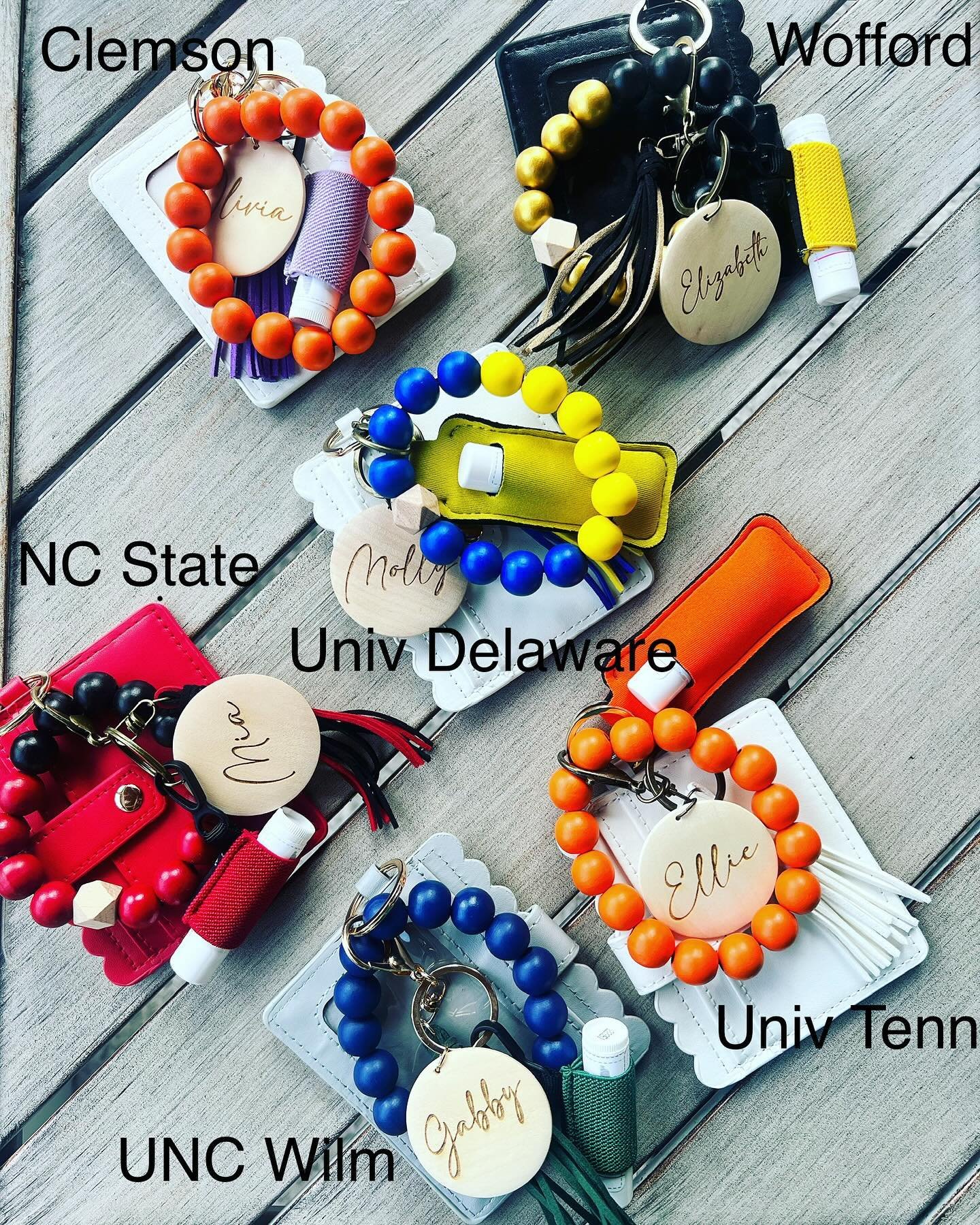 Beaded wristlets in any school color!  Wallets to match and will hold student id. Great for college students dorm keys. Personalized with disc with school mascot, logo, initials, name&hellip;