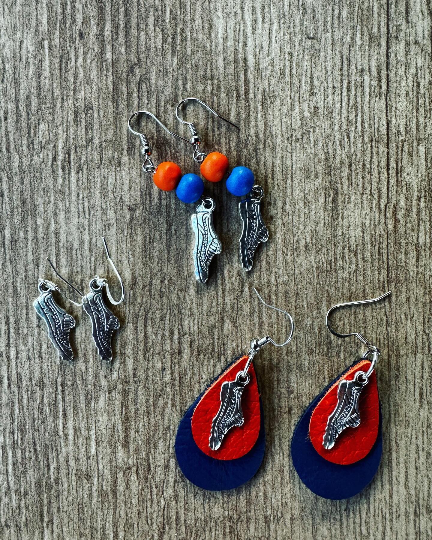 So excited for track and field states this weekend for MRMS!!! High School states are around the corner, too!  Leather or beaded earrings (in any school colors) $20 and the running shoe charm earrings are $10. These can also be used for cross country