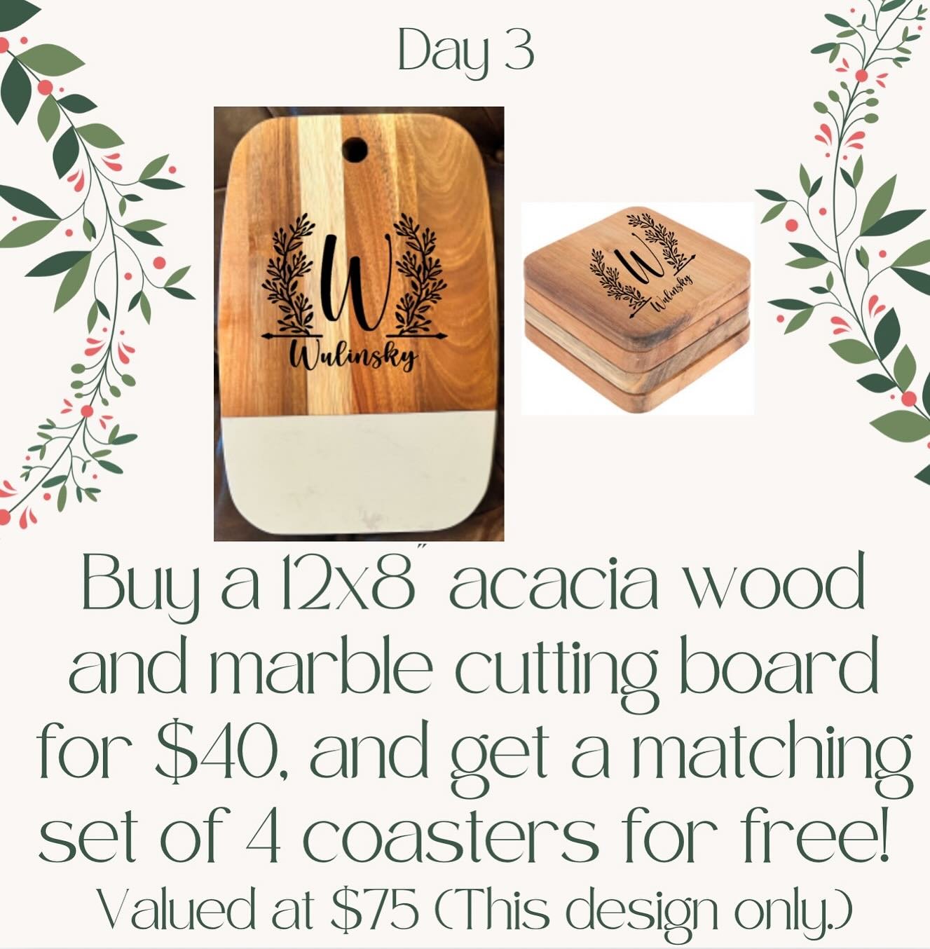 Day 3: Always a lot of excitement over marble and acacia cutting boards.  Purchase this board at a discount, only $40, and receive a free set of matching coasters!! This is a $75 value!!!! Message or text me at 704-280-6132 for orders.
